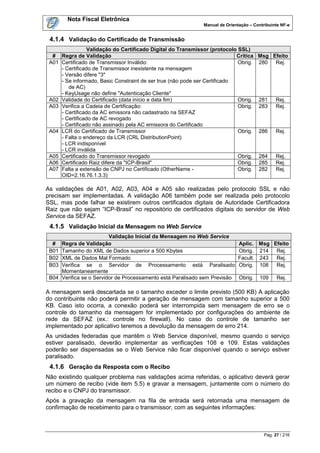 Nota Fiscal Eletrônica
                                                              Manual de Orientação – Contribuinte NF-e


 4.1.4 Validação do Certificado de Transmissão
                 Validação do Certificado Digital do Transmissor (protocolo SSL)
  # Regra de Validação                                                      Crítica Msg Efeito
 A01 Certificado de Transmissor Inválido:                                   Obrig. 280   Rej.
     - Certificado de Transmissor inexistente na mensagem
     - Versão difere "3"
     - Se informado, Basic Constraint de ser true (não pode ser Certificado
        de AC)
     - KeyUsage não define "Autenticação Cliente"
 A02 Validade do Certificado (data início e data fim)                       Obrig. 281   Rej.
 A03 Verifica a Cadeia de Certificação:                                     Obrig. 283   Rej.
     - Certificado da AC emissora não cadastrado na SEFAZ
     - Certificado de AC revogado
     - Certificado não assinado pela AC emissora do Certificado
 A04 LCR do Certificado de Transmissor                                      Obrig. 286   Rej.
     - Falta o endereço da LCR (CRL DistributionPoint)
     - LCR indisponível
     - LCR inválida
 A05 Certificado do Transmissor revogado                                    Obrig. 284   Rej.
 A06 Certificado Raiz difere da "ICP-Brasil"                                Obrig. 285   Rej.
 A07 Falta a extensão de CNPJ no Certificado (OtherName -                   Obrig. 282   Rej.
     OID=2.16.76.1.3.3)

As validações de A01, A02, A03, A04 e A05 são realizadas pelo protocolo SSL e não
precisam ser implementadas. A validação A06 também pode ser realizada pelo protocolo
SSL, mas pode falhar se existirem outros certificados digitais de Autoridade Certificadora
Raiz que não sejam “ICP-Brasil” no repositório de certificados digitais do servidor de Web
Service da SEFAZ.
 4.1.5 Validação Inicial da Mensagem no Web Service
                           Validação Inicial da Mensagem no Web Service
  #    Regra de Validação                                                     Aplic. Msg Efeito
 B01   Tamanho do XML de Dados superior a 500 Kbytes                          Obrig. 214  Rej.
 B02   XML de Dados Mal Formado                                               Facult. 243 Rej.
 B03   Verifica se o Servidor de Processamento está Paralisado                Obrig. 108  Rej.
       Momentaneamente
 B04   Verifica se o Servidor de Processamento está Paralisado sem Previsão   Obrig.    109     Rej.

A mensagem será descartada se o tamanho exceder o limite previsto (500 KB) A aplicação
do contribuinte não poderá permitir a geração de mensagem com tamanho superior a 500
KB. Caso isto ocorra, a conexão poderá ser interrompida sem mensagem de erro se o
controle do tamanho da mensagem for implementado por configurações do ambiente de
rede da SEFAZ (ex.: controle no firewall). No caso do controle de tamanho ser
implementado por aplicativo teremos a devolução da mensagem de erro 214.
As unidades federadas que mantêm o Web Service disponível, mesmo quando o serviço
estiver paralisado, deverão implementar as verificações 108 e 109. Estas validações
poderão ser dispensadas se o Web Service não ficar disponível quando o serviço estiver
paralisado.
 4.1.6 Geração da Resposta com o Recibo
Não existindo qualquer problema nas validações acima referidas, o aplicativo deverá gerar
um número de recibo (vide item 5.5) e gravar a mensagem, juntamente com o número do
recibo e o CNPJ do transmissor.
Após a gravação da mensagem na fila de entrada será retornada uma mensagem de
confirmação de recebimento para o transmissor, com as seguintes informações:



                                                                                          Pág. 27 / 216
 