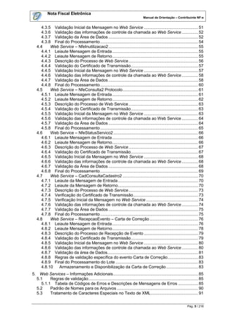 Nota Fiscal Eletrônica
                                                                                 Manual de Orientação – Contribuinte NF-e


     4.3.5 Validação Inicial da Mensagem no Web Service .............................................. 51
     4.3.6 Validação das informações de controle da chamada ao Web Service .............. 52
     4.3.7 Validação da Área de Dados ............................................................................ 52
     4.3.8 Final do Processamento ................................................................................... 54
   4.4    Web Service – NfeInutilizacao2 ............................................................................ 55
     4.4.1 Leiaute Mensagem de Entrada ......................................................................... 55
     4.4.2 Leiaute Mensagem de Retorno......................................................................... 55
     4.4.3 Descrição do Processo de Web Service ........................................................... 56
     4.4.4 Validação do Certificado de Transmissão ......................................................... 57
     4.4.5 Validação Inicial da Mensagem no Web Service .............................................. 57
     4.4.6 Validação das informações de controle da chamada ao Web Service .............. 58
     4.4.7 Validação da Área de Dados ............................................................................ 58
     4.4.8 Final do Processamento ................................................................................... 60
   4.5    Web Service – NfeConsulta2 Protocolo ................................................................ 61
     4.5.1 Leiaute Mensagem de Entrada ......................................................................... 61
     4.5.2 Leiaute Mensagem de Retorno......................................................................... 62
     4.5.3 Descrição do Processo de Web Service ........................................................... 63
     4.5.4 Validação do Certificado de Transmissão ......................................................... 63
     4.5.5 Validação Inicial da Mensagem no Web Service .............................................. 63
     4.5.6 Validação das informações de controle da chamada ao Web Service .............. 64
     4.5.7 Validação da Área de Dados ............................................................................ 64
     4.5.8 Final do Processamento ................................................................................... 65
   4.6    Web Service – NfeStatusServico2 ........................................................................ 66
     4.6.1 Leiaute Mensagem de Entrada ......................................................................... 66
     4.6.2 Leiaute Mensagem de Retorno......................................................................... 66
     4.6.3 Descrição do Processo de Web Service ........................................................... 67
     4.6.4 Validação do Certificado de Transmissão ......................................................... 67
     4.6.5 Validação Inicial da Mensagem no Web Service .............................................. 68
     4.6.6 Validação das informações de controle da chamada ao Web Service .............. 68
     4.6.7 Validação da Área de Dados ............................................................................ 68
     4.6.8 Final do Processamento ................................................................................... 69
   4.7    Web Service – CadConsultaCadastro2 ................................................................ 70
     4.7.1 Leiaute da Mensagem de Entrada .................................................................... 70
     4.7.2 Leiaute da Mensagem de Retorno .................................................................... 70
     4.7.3 Descrição do Processo de Web Service ........................................................... 73
     4.7.4 Verificação do Certificado de Transmissão ....................................................... 73
     4.7.5 Verificação Inicial da Mensagem no Web Service ............................................ 74
     4.7.6 Validação das informações de controle da chamada ao Web Service .............. 74
     4.7.7 Validação da Área de Dados ............................................................................ 75
     4.7.8 Final do Processamento ................................................................................... 75
   4.8    Web Service – RecepcaoEvento – Carta de Correção ......................................... 76
     4.8.1 Leiaute Mensagem de Entrada ......................................................................... 76
     4.8.2 Leiaute Mensagem de Retorno......................................................................... 78
     4.8.3 Descrição do Processo de Recepção de Evento .............................................. 79
     4.8.4 Validação do Certificado de Transmissão ......................................................... 79
     4.8.5 Validação Inicial da Mensagem no Web Service .............................................. 80
     4.8.6 Validação das informações de controle da chamada ao Web Service .............. 80
     4.8.7 Validação da área de Dados............................................................................. 81
     4.8.8 Regras de validação específica do evento Carta de Correção.......................... 83
     4.8.9 Final do Processamento do Lote ...................................................................... 83
     4.8.10  Armazenamento e Disponibilização da Carta de Correção ........................... 83
5. Web Services – Informações Adicionais ........................................................................ 85
  5.1    Regras de validação ............................................................................................. 85
    5.1.1 Tabela de Códigos de Erros e Descrições de Mensagens de Erros ................. 85
  5.2    Padrão de Nomes para os Arquivos ..................................................................... 90
  5.3    Tratamento de Caracteres Especiais no Texto de XML ........................................ 91


                                                                                                                 Pág. 5 / 216
 
