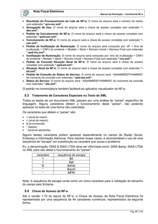 Nota Fiscal Eletrônica
                                                             Manual de Orientação – Contribuinte NF-e


 Resultado do Processamento do Lote de NF-e: O nome do arquivo será o número do recibo
  com extensão “-pro-rec.xml”;
 Denegação de Uso: O nome do arquivo será a chave de acesso completa com extensão “-
  den.xml”;
 Pedido de Cancelamento de NF-e: O nome do arquivo será a chave de acesso completa com
  extensão “-ped-can.xml”;
 Cancelamento de NF-e: O nome do arquivo será a chave de acesso completa com extensão “-
  can.xml”;
 Pedido de Inutilização de Numeração: O nome do arquivo será composto por: UF + Ano de
  inutilização + CNPJ do emitente + Modelo + Série + Número Inicial + Número Final com extensão
  “-ped-inu.xml”;
 Inutilização de Numeração: O nome do arquivo será composto por: Ano de inutilização + CNPJ
  do emitente + Modelo + Série + Número Inicial + Número Final com extensão “-inu.xml”;
 Pedido de Consulta Situação Atual da NF-e: O nome do arquivo será a chave de acesso
  completa com extensão “-ped-sit.xml”;
 Situação Atual da NF-e: O nome do arquivo será a chave de acesso completa com extensão “-
  sit.xml”;
 Pedido de Consulta do Status do Serviço: O nome do arquivo será: “AAAAMMDDTHHMMSS”
  do momento da consulta com extensão “-ped-sta.xml”;
 Status do Serviço: O nome do arquivo será: “AAAAMMDDTHHMMSS” do momento da consulta
  com extensão “-sta.xml”;
O padrão na nomenclatura também facilitará ao aplicativo visualizador da NF-e.

    5.3   Tratamento de Caracteres Especiais no Texto de XML
Todos os textos de um documento XML passam por uma análise do “parser” específico da
linguagem. Alguns caracteres afetam o funcionamento deste “parser”, não podendo
aparecer no texto de uma forma não controlada.
Os caracteres que afetam o “parser” são:
    > (sinal de maior),
    < (sinal de menor),
    & (e-comercial),
    “ (aspas),
    „ (sinal de apóstrofe).
Alguns destes caracteres podem aparecer especialmente no campo de Razão Social,
Endereço e Informação Adicional. Para resolver esses casos, é recomendável o uso de uma
sequência de “escape” em substituição ao caractere que causa o problema.
Ex. a denominação: DIAS & DIAS LTDA deve ser informada como: DIAS &amp; DIAS LTDA
no XML para não afetar o funcionamento do "parser".
              caractere        sequência de escape
                  <                    <
                  >                   >
                  &                  &amp;
                  "                  "
                  '                  '

Nota: A sequência de escape conta como um único caractere para a validação do tamanho
do campo pelo Schema.

    5.4   Chave de Acesso da NF-e
Até a versão 1.10 do layout da NF-e, a Chave de Acesso da Nota Fiscal Eletrônica foi
representada por uma sequência de 44 caracteres numéricos, representados da seguinte
forma:

                                                                                         Pág. 91 / 216
 