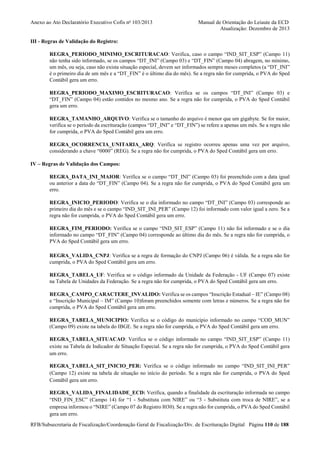 Anexo ao Ato Declaratório Executivo Cofis no 103/2013

Manual de Orientação do Leiaute da ECD
Atualização: Dezembro de 2013

III - Regras de Validação do Registro:
REGRA_PERIODO_MINIMO_ESCRITURACAO: Verifica, caso o campo “IND_SIT_ESP” (Campo 11)
não tenha sido informado, se os campos “DT_INI” (Campo 03) e “DT_FIN” (Campo 04) abragem, no mínimo,
um mês, ou seja, caso não exista situação especial, devem ser informados sempre meses completos (a “DT_INI”
é o primeiro dia de um mês e a “DT_FIN” é o último dia do mês). Se a regra não for cumprida, o PVA do Sped
Contábil gera um erro.
REGRA_PERIODO_MAXIMO_ESCRITURACAO: Verifica se os campos “DT_INI” (Campo 03) e
“DT_FIN” (Campo 04) estão contidos no mesmo ano. Se a regra não for cumprida, o PVA do Sped Contábil
gera um erro.
REGRA_TAMANHO_ARQUIVO: Verifica se o tamanho do arquivo é menor que um gigabyte. Se for maior,
verifica se o período da escrituração (campos “DT_INI” e “DT_FIN”) se refere a apenas um mês. Se a regra não
for cumprida, o PVA do Sped Contábil gera um erro.
REGRA_OCORRENCIA_UNITARIA_ARQ: Verifica se registro ocorreu apenas uma vez por arquivo,
considerando a chave “0000” (REG). Se a regra não for cumprida, o PVA do Sped Contábil gera um erro.
IV – Regras de Validação dos Campos:
REGRA_DATA_INI_MAIOR: Verifica se o campo “DT_INI” (Campo 03) foi preenchido com a data igual
ou anterior a data do “DT_FIN” (Campo 04). Se a regra não for cumprida, o PVA do Sped Contábil gera um
erro.
REGRA_INICIO_PERIODO: Verifica se o dia informado no campo “DT_INI” (Campo 03) corresponde ao
primeiro dia do mês e se o campo “IND_SIT_INI_PER” (Campo 12) foi informado com valor igual a zero. Se a
regra não for cumprida, o PVA do Sped Contábil gera um erro.
REGRA_FIM_PERIODO: Verifica se o campo “IND_SIT_ESP” (Campo 11) não foi informado e se o dia
informado no campo “DT_FIN” (Campo 04) corresponde ao último dia do mês. Se a regra não for cumprida, o
PVA do Sped Contábil gera um erro.
REGRA_VALIDA_CNPJ: Verifica se a regra de formação do CNPJ (Campo 06) é válida. Se a regra não for
cumprida, o PVA do Sped Contábil gera um erro.
REGRA_TABELA_UF: Verifica se o código informado da Unidade da Federação - UF (Campo 07) existe
na Tabela de Unidades da Federação. Se a regra não for cumprida, o PVA do Sped Contábil gera um erro.
REGRA_CAMPO_CARACTERE_INVALIDO: Verifica se os campos “Inscrição Estadual – IE” (Campo 08)
e “Inscrição Municipal – IM” (Campo 10)foram preenchidos somente com letras e números. Se a regra não for
cumprida, o PVA do Sped Contábil gera um erro.
REGRA_TABELA_MUNICIPIO: Verifica se o código do município informado no campo “COD_MUN”
(Campo 09) existe na tabela do IBGE. Se a regra não for cumprida, o PVA do Sped Contábil gera um erro.
REGRA_TABELA_SITUACAO: Verifica se o código informado no campo “IND_SIT_ESP” (Campo 11)
existe na Tabela de Indicador de Situação Especial. Se a regra não for cumprida, o PVA do Sped Contábil gera
um erro.
REGRA_TABELA_SIT_INICIO_PER: Verifica se o código informado no campo “IND_SIT_INI_PER”
(Campo 12) existe na tabela de situação no início do período. Se a regra não for cumprida, o PVA do Sped
Contábil gera um erro.
REGRA_VALIDA_FINALIDADE_ECD: Verifica, quando a finalidade da escrituração informada no campo
“IND_FIN_ESC” (Campo 14) for “1 - Substituta com NIRE” ou “3 - Substituta com troca de NIRE”, se a
empresa informou o “NIRE” (Campo 07 do Registro I030). Se a regra não for cumprida, o PVA do Sped Contábil
gera um erro.
RFB/Subsecretaria de Fiscalização/Coordenação Geral de Fiscalização/Div. de Escrituração Digital Página 110 de 188

 
