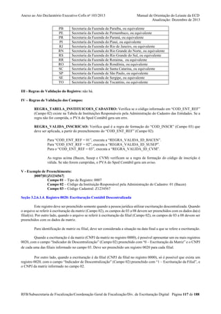 Anexo ao Ato Declaratório Executivo Cofis no 103/2013

PB
PE
PR
PI
RJ
RN
RS
RR
RO
SC
SP
SE
TO

Manual de Orientação do Leiaute da ECD
Atualização: Dezembro de 2013

Secretaria da Fazenda da Paraíba, ou equivalente
Secretaria da Fazenda de Pernambuco, ou equivalente
Secretaria da Fazenda do Paraná, ou equivalente
Secretaria da Fazenda do Piauí, ou equivalente
Secretaria da Fazenda do Rio de Janeiro, ou equivalente
Secretaria da Fazenda do Rio Grande do Norte, ou equivalente
Secretaria da Fazenda do Rio Grande do Sul, ou equivalente
Secretaria da Fazenda de Roraima, ou equivalente
Secretaria da Fazenda de Rondônia, ou equivalente
Secretaria da Fazenda de Santa Catarina, ou equivalente
Secretaria da Fazenda de São Paulo, ou equivalente
Secretaria da Fazenda de Sergipe, ou equivalente
Secretaria da Fazenda de Tocantins, ou equivalente

III - Regras de Validação do Registro: não há.
IV – Regras de Validação dos Campos:
REGRA_TABELA_INSTITUICOES_CADASTRO: Verifica se o código informado em “COD_ENT_REF”
(Campo 02) existe na Tabela de Instituições Responsáveis pela Administração do Cadastro das Entidades. Se a
regra não for cumprida, o PVA do Sped Contábil gera um erro.
REGRA_VALIDA_INSCRICAO: Verifica qual é a regra de formação do “COD_INSCR” (Campo 03) que
deve ser aplicada, a partir do preenchimento do “COD_ENT_REF” (Campo 02).
Para “COD_ENT_REF = 01”, executa a “REGRA_VALIDA_ID_BACEN”.
Para “COD_ENT_REF = 02”, executa a “REGRA_VALIDA_ID_SUSEP”.
Para o “COD_ENT_REF = 03”, executa a “REGRA_VALIDA_ID_CVM”.
As regras acima (Bacen, Susep e CVM) verificam se a regra de formação do código de inscrição é
válida. Se não forem cumpridas, o PVA do Sped Contábil gera um aviso.
V - Exemplo de Preenchimento:
|0007|01|Z1234567|
Campo 01 – Tipo de Registro: 0007
Campo 02 – Código da Instituição Responsável pela Administração do Cadastro: 01 (Bacen)
Campo 03 – Código Cadastral: Z1234567
Seção 3.2.6.1.4. Registro 0020: Escrituração Contábil Descentralizada
Este registro deve ser preenchido somente quando a pessoa jurídica utilizar escrituração descentralizada. Quando
o arquivo se referir à escrituração da matriz (Campo 02), os campos de 03 a 08 devem ser preenchidos com os dados da(s)
filial(is). Por outro lado, quando o arquivo se referir à escrituração da filial (Campo 02), os campos de 03 a 08 devem ser
preenchidos com os dados da matriz.
Para identificação de matriz ou filial, deve ser considerada a situação na data final a que se refere a escrituração.
Quando a escrituração é da matriz (CNPJ da matriz no registro 0000), é possível apresentar um ou mais registros
0020, com o campo “Indicador de Descentralização” (Campo 02) preenchido com “0 – Escrituração da Matriz” e o CNPJ
de cada uma das filiais informado no campo 03. Deve ser preenchido um registro 0020 para cada filial.
Por outro lado, quando a escrituração é da filial (CNPJ da filial no registro 0000), só é possível que exista um
registro 0020, com o campo “Indicador de Descentralização” (Campo 02) preenchido com “1 – Escrituração da Filial”, e
o CNPJ da matriz informado no campo 02.

RFB/Subsecretaria de Fiscalização/Coordenação Geral de Fiscalização/Div. de Escrituração Digital Página 117 de 188

 