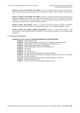 Anexo ao Ato Declaratório Executivo Cofis no 103/2013

Manual de Orientação do Leiaute da ECD
Atualização: Dezembro de 2013

REGRA_CAMPO_CARACTERE_INVALIDO: Verifica se o campo “Inscrição Estadual – IE” (Campo 09)
foi preenchido somente com letras e números. Se a regra não for cumprida, o PVA do Sped Contábil gera um
erro.
REGRA_CAMPO_CARACTERE_INVALIDO: Verifica se o campo “Inscrição Estadual do participante na
unidade da federação do destinatário, na condição de contribuinte substituto – IE_ST” (Campo 10), “Inscrição
Municipal – IM” (Campo 12) e “Suframa” (Campo 13) foram preenchidos somente com letras e números. Se a
regra não for cumprida, o PVA do Sped Contábil gera um erro.
REGRA_TABELA_MUNICIPIO: Verifica se o código do município informado no campo “COD_MUN”
(Campo 11) existe na tabela do IBGE. Se a regra não for cumprida, o PVA do Sped Contábil gera um erro.
REGRA_CAMPO_NAO_OBRIGATORIO_PAIS_BRASIL: Verifica se o “COD_MUN” (Campo 11) não
foi preenchido, no caso de países diferentes do Brasil. Se a regra não for cumprida, o PVA do Sped Contábil
gera um erro.
V - Exemplo de Preenchimento:
|0150|03|COLIGADA TESTE S.A.|01058|99999999000191|||35|999999||3550508|||
Campo 01 – Tipo de Registro: 0150
Campo 02 – Código de Identificação do Participante: 03 (Coligada, inclusive equiparada)
Campo 03 – Nome Pessoal ou Empresarial do Participante (Coligada Teste S.A.)
Campo 04 – Código do País do Participante: 01058 (Brasil)
Campo 05 – CNPJ: 99999999000191 (CNPJ: 99.999.999/0001-91)
Campo 06 – CPF: não há
Campo 07 – NIT: não há
Campo 08 – UF: 35 (São Paulo)
Campo 09 – Inscrição Estadual: 999999 (Inscrição Estadual: 999.999)
Campo 10 – Inscrição Estadual do Participante na Unidade da Federação do Destinatário, na Condição
de Contribuinte Substituto: não há
Campo 11 – Código do Município do Participante: 3550508 (São Paulo = 35-50508)
Campo 12 – Inscrição Municipal: não há
Campo 13 – Número de Inscrição do Participante na Suframa: não há

RFB/Subsecretaria de Fiscalização/Coordenação Geral de Fiscalização/Div. de Escrituração Digital Página 122 de 188

 