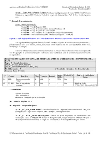 Anexo ao Ato Declaratório Executivo Cofis no 103/2013

Manual de Orientação do Leiaute da ECD
Atualização: Dezembro de 2013

REGRA _CCUS_NO_CENTRO_CUSTOS: Verifica se o código do centro de custos “COD_CCUS” (Campo
03) existe no registro I100 (Centro de Custos). Se a regra não for cumprida, o PVA do Sped Contábil gera um
erro.
V - Exemplo de preenchimento:
|I310|1.1||50000,00|10000,00|
Campo 01 – Tipo de Registro: I300
Campo 02 – Código da Conta Analítica Debitada/Creditada: 1.1
Campo 03 – Código do Centro de Custos: não há.
Campo 04 – Total dos Débitos do Dia: 50000,00 (corresponde a 50.000,00)
Campo 05 – Total dos Créditos do Dia: 10000,00 (corresponde a 10.000,00)
Seção 3.2.6.2.20. Registro I350: Saldo das Contas de Resultado Antes do Encerramento – Identificação da Data
Este registro identifica o período relativo aos saldos contábeis das contas de resultado antes do encerramento. A
periodicidade do saldo é, no máximo, mensal, mas poderá conter fração de mês nos casos de abertura, fusão, cisão,
incorporação ou extinção.
É possível informar uma ou mais apurações de resultado no período. Para isso, basta informar as datas para cada
uma das apurações de resultado neste registro e informar o saldo final de cada conta de resultado antes do encerramento
no registro I355.
REGISTRO I350: SALDOS DAS CONTAS DE RESULTADO ANTES DO ENCERRAMENTO – IDENTIFICAÇÃO DA
DATA
Regras de validação do registro
[REGRA_DT_RES_DUPLICIDADE]
[REGRA_REGISTRO_OBRIGATORIO_I350]
Nível Hierárquico – 3
Ocorrência – vários (por tipo de escrituração)
Campo(s) chave: [DT_RES]
Nº

Campo

01

REG

02

DT_RES

Descrição
Texto fixo contendo
“I350”.
Data da apuração do
resultado.

Obrigatório

-

Valores
Válidos
"I350"

Sim

-

-

-

Sim

[REGRA_DATA_
INTERVALO_DO_ARQUIVO]

Tipo

Tamanho

Decimal

C

004

N

008

Regras de Validação do
Campo

I - Observações:
Registro facultativo
Nível hierárquico: 3
Ocorrência: vários (por tipo de escrituração)
II – Tabelas do Registro: não há.
III - Regras de Validação do Registro:
REGRA_DT_RES_DUPLICIDADE: Verifica se o registro não é duplicado considerando a chave “DT_RES”
(Campo 02). Se a regra não for cumprida, o PVA do Sped Contábil gera um erro.
REGRA_REGISTRO_OBRIGATORIO_I350: Verifica se existe lançamento de encerramento (nas
escriturações G e R) no “IND_LCTO” (Campo 05 do registro I200), ou seja, deve existir “IND_LCTO” igual a
“E” (lançamento de encerramento). Se a regra não for cumprida, o PVA do Sped Contábil gera um erro.

RFB/Subsecretaria de Fiscalização/Coordenação Geral de Fiscalização/Div. de Escrituração Digital Página 156 de 188

 