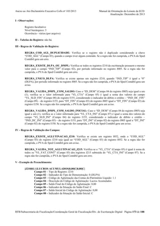 Anexo ao Ato Declaratório Executivo Cofis no 103/2013

Manual de Orientação do Leiaute da ECD
Atualização: Dezembro de 2013

I - Observações:
Registro facultativo
Nível hierárquico: 3
Ocorrência - vários (por arquivo)
II – Tabelas do Registro: não há.
III - Regras de Validação do Registro:
REGRA_COD_AGL_DUPLICIDADE: Verifica se o registro não é duplicado considerando a chave
“COD_AGL” (Campo 03), quando o campo tiver algum conteúdo. Se a regra não for cumprida, o PVA do Sped
Contábil gera um erro.
REGRA_EXISTE_DLPA_OU_DMPL: Verifica se todos os registros J210 da escrituração possuem o mesmo
valor para o campo “IND_TIP” (Campo 02), por período informado no registro J005. Se a regra não for
cumprida, o PVA do Sped Contábil gera um erro.
REGRA_UNICO_DLPA: Verifica se existe apenas um registro J210, quando “IND_TIP” é igual a “0”
(DLPA), por período informado no registro J005. Se a regra não for cumprida, o PVA do Sped Contábil gera um
aviso.
REGRA_VALIDA_DMPL_COM_SALDO: Caso o “ID_DEM” (Campo 04 do registro J005) seja igual a um
(1), verifica se o valor informado para “VL_CTA” (Campo 05) é igual a soma dos valores do campo
“VL_SLD_FIN” (Campo 08) do registro I155, considerando o indicador de débito e crédito – “IND_DC_FIN”
(Campo 09) – do registro I155, para “DT_FIN” (Campo 03) do registro J005 igual a “DT_FIN” (Campo 03) do
registro I150. Se a regra não for cumprida, o PVA do Sped Contábil gera um aviso.
REGRA_VALIDA_DMPL_COM_SALDO_INICIAL: Caso o “ID_DEM” (Campo 04 do registro J005) seja
igual a um (1), verifica se o valor informado para “VL_CTA_INI” (Campo 07) é igual a soma dos valores do
campo “VL_SLD_INI” (Campo 04) do registro I155, considerando o indicador de débito e crédito –
“IND_DC_INI” (Campo 05) – do registro I155, para “DT_INI” (Campo 02) do registro J005 igual a “DT_INI”
(Campo 02) do registro I150. Se a regra não for cumprida, o PVA do Sped Contábil gera um aviso.
IV – Regras de Validação dos Campos:
REGRA_EXISTE_AGLUTINACAO_J210: Verifica se existe um registro I052, onde o “COD_AGL”
(Campo 03) do registro J210 seja igual ao “COD_AGL” (Campo 03) do registro I052. Se a regra não for
cumprida, o PVA do Sped Contábil gera um aviso.
REGRA_VALIDA_TOT_AGLUTINACAO_J215: Verifica se o “VL_CTA” (Campo 05) é igual à soma de
todos os “VL_FAT_CONT” (Campo 03) dos registros J215 subtraída do “VL_CTA_INI” (Campo 07). Se a
regra não for cumprida, o PVA do Sped Contábil gera um erro.
V - Exemplo de Preenchimento:
|J210|0|1.1|LUCROS ACUMULADOS|0,00|C|0,00|C|
Campo 01 – Tipo de Registro: J210
Campo 02 – Indicador do Tipo de Demonstração: 0 (DLPA)
Campo 03 – Código de Aglutinação das Contas do Patrimônio Líquido: 1.1
Campo 04 – Descrição do Código de Aglutinação: Lucros Acumulados
Campo 05 – Saldo Final do Código de Aglutinação: 0,00
Campo 06 – Indicador da Situação do Saldo Final: C
Campo 07 – Saldo Inicial do Código de Aglutinação: 0,00
Campo 08 – Indicador da Situação do Saldo Inicial: C

RFB/Subsecretaria de Fiscalização/Coordenação Geral de Fiscalização/Div. de Escrituração Digital Página 173 de 188

 