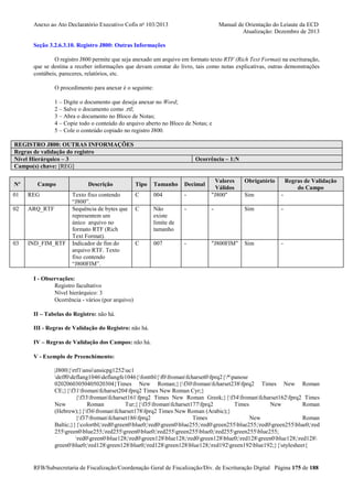 Anexo ao Ato Declaratório Executivo Cofis no 103/2013

Manual de Orientação do Leiaute da ECD
Atualização: Dezembro de 2013

Seção 3.2.6.3.10. Registro J800: Outras Informações
O registro J800 permite que seja anexado um arquivo em formato texto RTF (Rich Text Format) na escrituração,
que se destina a receber informações que devam constar do livro, tais como notas explicativas, outras demonstrações
contábeis, pareceres, relatórios, etc.
O procedimento para anexar é o seguinte:
1 – Digite o documento que deseja anexar no Word;
2 – Salve o documento como .rtf;
3 – Abra o documento no Bloco de Notas;
4 – Copie todo o conteúdo do arquivo aberto no Bloco de Notas; e
5 – Cole o conteúdo copiado no registro J800.
REGISTRO J800: OUTRAS INFORMAÇÕES
Regras de validação do registro
Nível Hierárquico – 3
Campo(s) chave: [REG]
Nº

Campo

01

REG

02

ARQ_RTF

03

IND_FIM_RTF

Descrição
Texto fixo contendo
“J800”.
Sequência de bytes que
representem um
único arquivo no
formato RTF (Rich
Text Format).
Indicador de fim do
arquivo RTF. Texto
fixo contendo
“J800FIM”.

Ocorrência – 1:N

Obrigatório

-

Valores
Válidos
"J800"

Sim

-

Não
existe
limite de
tamanho

-

-

Sim

-

007

-

"J800FIM"

Sim

-

Tipo

Tamanho

Decimal

C

004

C

C

Regras de Validação
do Campo

I - Observações:
Registro facultativo
Nível hierárquico: 3
Ocorrência - vários (por arquivo)
II – Tabelas do Registro: não há.
III - Regras de Validação do Registro: não há.
IV – Regras de Validação dos Campos: não há.
V - Exemplo de Preenchimento:
|J800|{rtf1ansiansicpg1252uc1
deff0deflang1046deflangfe1046{fonttbl{f0fromanfcharset0fprq2{*panose
02020603050405020304}Times New Roman;}{f30fromanfcharset238fprq2 Times New Roman
CE;}{f31fromanfcharset204fprq2 Times New Roman Cyr;}
{f33fromanfcharset161fprq2 Times New Roman Greek;}{f34fromanfcharset162fprq2 Times
New
Roman
Tur;}{f35fromanfcharset177fprq2
Times
New
Roman
(Hebrew);}{f36fromanfcharset178fprq2 Times New Roman (Arabic);}
{f37fromanfcharset186fprq2
Times
New
Roman
Baltic;}}{colortbl;red0green0blue0;red0green0blue255;red0green255blue255;red0green255blue0;red
255green0blue255;red255green0blue0;red255green255blue0;red255green255blue255;
red0green0blue128;red0green128blue128;red0green128blue0;red128green0blue128;red128
green0blue0;red128green128blue0;red128green128blue128;red192green192blue192;}{stylesheet{

RFB/Subsecretaria de Fiscalização/Coordenação Geral de Fiscalização/Div. de Escrituração Digital Página 175 de 188

 