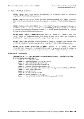 Anexo ao Ato Declaratório Executivo Cofis no 103/2013

Manual de Orientação do Leiaute da ECD
Atualização: Dezembro de 2013

IV – Regras de Validação dos Campos:
REGRA_VALIDA_CPF: Verifica se a regra de formação do “CPF” (Campo 03) é válida. Se a regra não for
cumprida, o PVA do Sped Contábil gera um erro.
REGRA_TABELA_ASSINANTE: Verifica se o código informado no campo “COD_ASSIN” (Campo 05)
existe na Tabela de Qualificação do Assinante. Se a regra não for cumprida, o PVA do Sped Contábil gera um
erro.
REGRA_TABELA_ASSINANTE_DESC: Caso o “COD_ASSIN” (Campo 05) seja igual a 900 (Contador ou
Contabilista), verifica se a descrição informada no campo “IDENT_QUALIF” (Campo 04) existe na Tabela
de Qualificação do Assinante e corresponde ao campo “COD_ASSIN” (Campo 05) informado. Se a regra não
for cumprida, o PVA do Sped Contábil gera um erro.
REGRA_OBRIGATORIO_CONTADOR: Campos “IND_CRC” (Campo 06), “EMAIL” (Campo 07) e
“FONE” (Campo 08) obrigatórios quando “COD_ASSIN” (Campo 05) for igual a 900 (Contador ou
Contabilista). Se a regra não for cumprida, o PVA do Sped Contábil gera um erro.
REGRA_TABELA_UF: Verifica se o código informado da Unidade da Federação - UF (Campo 09) existe
na Tabela de Unidades da Federação. Se a regra não for cumprida, o PVA do Sped Contábil gera um erro.
REGRA_VALIDA_FORMATO_SEQUENCIAL_CRC:
Verifica
se
o
formato
do
campo
“NUM_SEQ_CRC” (Campo 10) é UF/YYYY/NÚMERO, onde UF deve existir na Tabela de Unidades da
Federação e yyyy corresponde ao ano. Se a regra não for cumprida, o PVA do Sped Contábil gera um aviso.
V - Exemplo de Preenchimento:
|J930|FULANO BELTRANO|12345678900|CONTADOR|900|1SP123456|FULANO@GMAIL.COM|
2199999999|RJ|RJ/2012/001|31122015|
Campo 01 – Tipo de Registro: J930
Campo 02 – Nome do Signatário: FULANO BELTRANO
Campo 03 – CPF: 12345678900 (123.456.789-00)
Campo 04 – Qualificação do Assinante: CONTADOR
Campo 05 – Código de Qualificação do Assinante: 900
Campo 06 – Número de Inscrição do Contabilista no Conselho Regional de Contabilidade: 1SP123456
Campo 07 – Email: fulano@gmail.com
Campo 08 – Fone: 2199999999
Campo 09 – UF de Inscrição do CRC: RJ
Campo 10 – Número Sequencial: RJ/2012/001
Campo 11 – Data de Validade do CRC: 31122005 (Corresponde a 31/12/2015)

RFB/Subsecretaria de Fiscalização/Coordenação Geral de Fiscalização/Div. de Escrituração Digital Página 180 de 188

 