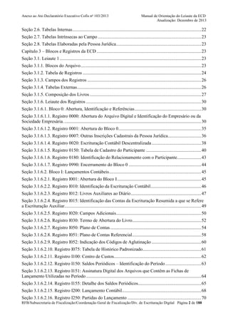 Anexo ao Ato Declaratório Executivo Cofis no 103/2013

Manual de Orientação do Leiaute da ECD
Atualização: Dezembro de 2013

Seção 2.6. Tabelas Internas ................................................................................................................ 22
Seção 2.7. Tabelas Intrínsecas ao Campo .......................................................................................... 23
Seção 2.8. Tabelas Elaboradas pela Pessoa Jurídica .......................................................................... 23
Capítulo 3 – Blocos e Registros da ECD ........................................................................................... 23
Seção 3.1. Leiaute 1 ........................................................................................................................... 23
Seção 3.1.1. Blocos do Arquivo ......................................................................................................... 23
Seção 3.1.2. Tabela de Registros ....................................................................................................... 24
Seção 3.1.3. Campos dos Registros ................................................................................................... 26
Seção 3.1.4. Tabelas Externas ............................................................................................................ 26
Seção 3.1.5. Composição dos Livros ................................................................................................. 27
Seção 3.1.6. Leiaute dos Registros .................................................................................................... 30
Seção 3.1.6.1. Bloco 0: Abertura, Identificação e Referências .......................................................... 30
Seção 3.1.6.1.1. Registro 0000: Abertura do Arquivo Digital e Identificação do Empresário ou da
Sociedade Empresária. ....................................................................................................................... 30
Seção 3.1.6.1.2. Registro 0001: Abertura do Bloco 0........................................................................ 35
Seção 3.1.6.1.3. Registro 0007: Outras Inscrições Cadastrais da Pessoa Jurídica............................. 36
Seção 3.1.6.1.4. Registro 0020: Escrituração Contábil Descentralizada ........................................... 38
Seção 3.1.6.1.5. Registro 0150: Tabela de Cadastro do Participante ................................................ 40
Seção 3.1.6.1.6. Registro 0180: Identificação do Relacionamento com o Participante..................... 43
Seção 3.1.6.1.7. Registro 0990: Encerramento do Bloco 0 ............................................................... 44
Seção 3.1.6.2. Bloco I: Lançamentos Contábeis ................................................................................ 45
Seção 3.1.6.2.1. Registro I001: Abertura do Bloco I ......................................................................... 45
Seção 3.1.6.2.2. Registro I010: Identificação da Escrituração Contábil ............................................ 46
Seção 3.1.6.2.3. Registro I012: Livros Auxiliares ao Diário ............................................................. 47
Seção 3.1.6.2.4. Registro I015: Identificação das Contas da Escrituração Resumida a que se Refere
a Escrituração Auxiliar....................................................................................................................... 49
Seção 3.1.6.2.5. Registro I020: Campos Adicionais .......................................................................... 50
Seção 3.1.6.2.6. Registro I030: Termo de Abertura do Livro............................................................ 52
Seção 3.1.6.2.7. Registro I050: Plano de Contas ............................................................................... 54
Seção 3.1.6.2.8. Registro I051: Plano de Contas Referencial ............................................................ 58
Seção 3.1.6.2.9. Registro I052: Indicação dos Códigos de Aglutinação ........................................... 60
Seção 3.1.6.2.10. Registro I075: Tabela de Histórico Padronizado................................................... 61
Seção 3.1.6.2.11. Registro I100: Centro de Custos............................................................................ 62
Seção 3.1.6.2.12. Registro I150: Saldos Periódicos – Identificação do Período ............................... 63
Seção 3.1.6.2.13. Registro I151: Assinatura Digital dos Arquivos que Contêm as Fichas de
Lançamento Utilizadas no Período .................................................................................................... 64
Seção 3.1.6.2.14. Registro I155: Detalhe dos Saldos Periódicos....................................................... 65
Seção 3.1.6.2.15. Registro I200: Lançamento Contábil..................................................................... 68
Seção 3.1.6.2.16. Registro I250: Partidas do Lançamento ................................................................ 70
RFB/Subsecretaria de Fiscalização/Coordenação Geral de Fiscalização/Div. de Escrituração Digital Página 2 de 188

 