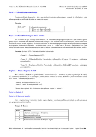 Anexo ao Ato Declaratório Executivo Cofis no 103/2013

Manual de Orientação do Leiaute da ECD
Atualização: Dezembro de 2013

Seção 2.7. Tabelas Intrínsecas ao Campo
Constam no leiaute do arquivo e são o seu domínio (conteúdos válidos para o campo). As referências a estas
tabelas seguirão a codificação definida no respectivo campo.
Exemplo:
IND_MOV

Indicador de movimento:
0- Bloco com dados informados
1- Bloco sem dados informados

Seção 2.8. Tabelas Elaboradas pela Pessoa Jurídica
São as tabelas em que o código a ser utilizado é de livre atribuição pela pessoa jurídica e tem validade apenas
para o arquivo informado, não podendo ser duplicado (código) e nem atribuído a descrições diferentes, obedecida a chave
indicada no leiaute de cada registro. É facultativa a inclusão da máscara no próprio código, exceto quando necessária para
a sua perfeita identificação (Exemplo: Discriminar entre 1.01 e 10.1. Neste caso, a inclusão é obrigatória). Para cada
código utilizado em um dos registros do arquivo deve existir um correspondente na tabela elaborada pela pessoa jurídica.
Exemplo: Registro I075 – Tabela de Histórico Padronizado
Campo 01 – Tipo do Registro (I075)
Campo 02 – Código do Histórico Padronizado – Alfanumérico (C) de até 255 caracteres – criado pela
pessoa jurídica.
Campo 03 – Descrição do Histórico Padronizado – Alfanumérico (C) de até 255 caracteres – criado pela
pessoa jurídica.
Capítulo 3 – Blocos e Registros da ECD
Até a versão 2.X do PVA do Sped Contábil, o leiaute utilizado é o 1 (leiaute 1). A partir da publicação da versão
3.X e alterações posteriores do PVA do Sped Contábil, há um controle de versões. Portanto, é possível utilizar o leiaute
1 e o leiaute 2 conforme a regra abaixo:
Leiaute 1: até o ano-calendário 2012; e
Leiaute 2: a partir do ano-calendário 2013.
Portanto, este capítulo será dividido em dois leiautes: leiaute 1 e leiaute 2.
Seção 3.1. Leiaute 1
Seção 3.1.1. Blocos do Arquivo
Entre o registro inicial e o registro final, o arquivo digital é constituído de blocos, referindo-se cada um deles a
um agrupamento de informações.
Relação de Blocos:
Bloco
0
I
J
9

Descrição
Abertura, Identificação e Referências
Lançamentos Contábeis
Demonstrações Contábeis
Controle e Encerramento do Arquivo Digital

RFB/Subsecretaria de Fiscalização/Coordenação Geral de Fiscalização/Div. de Escrituração Digital Página 23 de 188

 