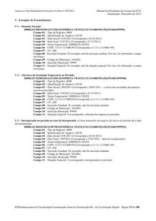 Anexo ao Ato Declaratório Executivo Cofis no 103/2013

Manual de Orientação do Leiaute da ECD
Atualização: Dezembro de 2013

V - Exemplos de Preenchimento:
V.1 – Situação Normal:
|0000|LECD|01012011|31122011|EMPRESA TESTE|11111111000199|AM||3434401|99999||
Campo 01 – Tipo de Registro: 0000
Campo 02 – Identificação do Arquivo: LECD
Campo 03 – Data Inicial: 01012011 (Corresponde a 01/01/2011)
Campo 04 – Data Final: 31012011 (Corresponde a 31/12/2011)
Campo 05 – Nome Empresarial: EMPRESA TESTE
Campo 06 – CNPJ: 111111111000199 (Corresponde a 11.111.111/0001-99)
Campo 07 – UF: AM
Campo 08 – Inscrição Estadual: No exemplo, não há inscrição estadual. Por isso, foi informado o campo
em branco.
Campo 09 – Código do Município: 3434401
Campo 10 – Inscrição Municipal: 99999
Campo 11 – Situação Especial: No exemplo, não há situação especial. Por isso, foi informado o campo
em branco.
V.2 – Abertura da Sociedade Empresária no Período:
|0000|LECD|20032011|31122011|EMPRESA TESTE|11111111000199|AM||3534401|99999|0|
Campo 01 – Tipo de Registro: 0000
Campo 02 – Identificação do Arquivo: LECD
Campo 03 – Data Inicial: 20032011 (Corresponde a 20/03/2011 – o início das atividades da empresa
ocorreu nessa data)
Campo 04 – Data Final: 31012011 (Corresponde a 31/12/2011)
Campo 05 – Nome Empresarial: EMPRESA TESTE
Campo 06 – CNPJ: 111111111000199 (Corresponde a 11.111.111/0001-99)
Campo 07 – UF: AM
Campo 08 – Inscrição Estadual: No exemplo, não há inscrição estadual.
Campo 09 – Código do Município: 3434401
Campo 10 – Inscrição Municipal: 99999
Campo 11 – Situação Especial: 0 (corresponde a abertura da empresa no período)
V.3 – Incorporação no período no caso de incorporada: só deve transmitir um arquivo do início do período até a data
da incorporação.
|0000|LECD|01012011|15072011|EMPRESA TESTE|11111111000199|AM||3534401|99999|3|
Campo 01 – Tipo de Registro: 0000
Campo 02 – Identificação do Arquivo: LECD
Campo 03 – Data Inicial: 01012011 (Corresponde a 01/01/2011)
Campo 04 – Data Final: 15072011 (Corresponde a 15/07/2011 – data da incorporação)
Campo 05 – Nome Empresarial: EMPRESA TESTE
Campo 06 – CNPJ: 111111111000199 (Corresponde a 11.111.111/0001-99)
Campo 07 – UF: AM
Campo 08 – Inscrição Estadual: No exemplo, não há inscrição estadual.
Campo 09 – Código do Município: 3434401
Campo 10 – Inscrição Municipal: 99999
Campo 11 – Situação Especial: 3 (corresponde a incorporação no período)

RFB/Subsecretaria de Fiscalização/Coordenação Geral de Fiscalização/Div. de Escrituração Digital Página 33 de 188

 