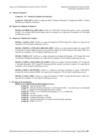 Anexo ao Ato Declaratório Executivo Cofis no 103/2013

Manual de Orientação do Leiaute da ECD
Atualização: Dezembro de 2013

II – Tabelas do Registro:
Campo 04 – UF - Tabela de Unidades da Federação
Campo 06 – COD_MUN: Adotar os códigos da tabela “Código do Município”, divulgada pelo IBGE – Instituto
Brasileiro de Geografia e Estatística.
III - Regras de Validação do Registro:
REGRA_OCORRENCIA_0020_ARQ: Verifica se o “IND_DEC” (Campo 02) é igual a 1 (um) – escrituração
da filial - e se o registro 0020 ocorreu apenas uma vez no arquivo. Se a regra não for cumprida, o PVA do Sped
Contábil gera um erro.
IV – Regras de Validação dos Campos:
REGRA_VALIDA_CNPJ: Verifica se a regra de formação do CNPJ (Campo 03) é válida. Se a regra não for
cumprida, o PVA do Sped Contábil gera um erro.
REGRA_VERIFICA_CNPJ_REG_0000_REG_0020: Verifica se os oito primeiros dígitos do campo CNPJ
(Campo 06) do registro 0000 são iguais aos oito primeiros dígitos do CNPJ (Campo 03) do registro 0020. Se a
regra não for cumprida, o PVA do Sped Contábil gera um erro.
REGRA_TABELA_UF: Verifica se o código informado da Unidade da Federação - UF (Campo 04) existe
na Tabela de Unidades da Federação. Se a regra não for cumprida, o PVA do Sped Contábil gera um erro.
REGRA_CAMPO_CARACTERE_INVALIDO: Verifica se os campos “Inscrição Estadual – IE” (Campo 05)
e “Inscrição Municipal – IM” (Campo 07) foram preenchidos somente com letras e números. Se a regra não for
cumprida, o PVA do Sped Contábil gera um erro.
REGRA_TABELA_MUNICIPIO: Verifica se o código do município informado no campo “COD_MUN”
(Campo 06) existe na tabela do IBGE. Se a regra não for cumprida, o PVA do Sped Contábil gera um erro.
REGRA_VALIDA_NIRE: Verifica se a regra de formação do “NIRE” (Campo 08) informado é válida. Se a
regra não for cumprida, o PVA do Sped Contábil gera um erro.
V - Exemplo de Preenchimento:
|0020|1|11111111000191|DF|123456|3434401||11111111|
Campo 01 – Tipo de Registro: 0020
Campo 02 – Indicador de Descentralização: 1 (escrituração da filial – como indica que é a escrituração
da filial, os campos 03 a 08 serão dados referentes a matriz)
Campo 03 – CNPJ: 111111111000199 (Corresponde a 11.111.111/0001-99)
Campo 04 – UF: DF
Campo 05 – Inscrição Estadual: 123456
Campo 06 – Código do Município: 3434401
Campo 07 – Inscrição Municipal: No exemplo, não há inscrição municipal.
Campo 08 – NIRE: 11111111

RFB/Subsecretaria de Fiscalização/Coordenação Geral de Fiscalização/Div. de Escrituração Digital Página 39 de 188

 