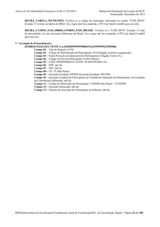 Anexo ao Ato Declaratório Executivo Cofis no 103/2013

Manual de Orientação do Leiaute da ECD
Atualização: Dezembro de 2013

REGRA_TABELA_MUNICIPIO: Verifica se o código do município informado no campo “COD_MUN”
(Campo 11) existe na tabela do IBGE. Se a regra não for cumprida, o PVA do Sped Contábil gera um erro.
REGRA_CAMPO_NAO_OBRIGATORIO_PAIS_BRASIL: Verifica se o “COD_MUN” (Campo 11) não
foi preenchido, no caso de países diferentes do Brasil. Se a regra não for cumprida, o PVA do Sped Contábil
gera um erro.
V - Exemplo de Preenchimento:
|0150|03|COLIGADA TESTE S.A.|01058|99999999000191|||35|999999||3550508|||
Campo 01 – Tipo de Registro: 0150
Campo 02 – Código de Identificação do Participante: 03 (Coligada, inclusive equiparada)
Campo 03 – Nome Pessoal ou Empresarial do Participante (Coligada Teste S.A.)
Campo 04 – Código do País do Participante: 01058 (Brasil)
Campo 05 – CNPJ: 99999999000191 (CNPJ: 99.999.999/0001-91)
Campo 06 – CPF: não há
Campo 07 – NIT: não há
Campo 08 – UF: 35 (São Paulo)
Campo 09 – Inscrição Estadual: 999999 (Inscrição Estadual: 999.999)
Campo 10 – Inscrição Estadual do Participante na Unidade da Federação do Destinatário, na Condição
de Contribuinte Substituto: não há
Campo 11 – Código do Município do Participante: 3550508 (São Paulo = 35-50508)
Campo 12 – Inscrição Municipal: não há
Campo 13 – Número de Inscrição do Participante na Suframa: não há

RFB/Subsecretaria de Fiscalização/Coordenação Geral de Fiscalização/Div. de Escrituração Digital Página 42 de 188

 