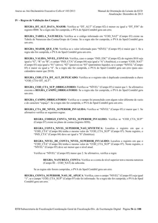 Anexo ao Ato Declaratório Executivo Cofis no 103/2013

Manual de Orientação do Leiaute da ECD
Atualização: Dezembro de 2013

IV – Regras de Validação dos Campos:
REGRA_DT_ALT_DATA_MAIOR: Verifica se “DT_ALT” (Campo 02) é menor ou igual a “DT_FIN” do
registro 0000. Se a regra não for cumprida, o PVA do Sped Contábil gera um erro.
REGRA_TABELA_NATUREZA: Verifica se o código informado em “COD_NAT” (Campo 03) existe na
Tabela de Naturezas das Contas/Grupo de Contas. Se a regra não for cumprida, o PVA do Sped Contábil gera
um erro.
REGRA_MAIOR_QUE_UM: Verifica se o valor informado para “NÍVEL” (Campo 05) é maior que 1. Se a
regra não for cumprida, o PVA do Sped Contábil gera um erro.
REGRA_VALIDA_NIVEL_CONTAS: Verifica, caso o campo “IND_ESC” (Campo 02) do registro I010 seja
igual a “G”, “R” ou “B”, o campo “IND_CTA” (Campo 04) seja igual a “A” (Analítica), e o campo “COD_NAT”
(Campo 03) seja igual a “01” (ativo), “02” (passivo) ou “03” (patrimônio líquido), se o campo “NIVEL” (Campo
05) é maior ou igual a “4”. Se a regra não for cumprida, o PVA do Sped Contábil gera um erro (para anocalendário maior que 2010).
REGRA_COD_CTA_DT_ALT_DUPLICADO: Verifica se o registro não é duplicado considerando a chave
“COD_CTA+DT_ALT”.
REGRA_COD_CTA_SUP_OBRIGATORIO: Verifica se “NÍVEL” (Campo 05) é maior que 1. Se afirmativo
executa a REGRA_CAMPO_OBRIGATORIO. Se a regra não for cumprida, o PVA do Sped Contábil gera
um erro.
REGRA_CAMPO_OBRIGATORIO: Verifica se o campo foi preenchido com algum valor diferente de vazio
e do caractere “espaço”. Se a regra não for cumprida, o PVA do Sped Contábil gera um erro.
REGRA_CTA_DE_NIVEL_SUPERIOR_INVALIDA: Verifica se “NÍVEL” (Campo 05) é maior que 1. Se
afirmativo verifica as seguintes regras:
REGRA_CODIGO_CONTA_NIVEL_SUPERIOR_INVALIDO: Verifica se “COD_CTA_SUP”
(Campo 07) existe no plano de contas (registro I050).
REGRA_CONTA_NIVEL_SUPERIOR_NAO_SINTETICA: Localiza o registro em que o
“COD_CTA” (Campo 06) tenha o mesmo valor do “COD_CTA_SUP” (Campo 07). Neste registro, o
“IND_CTA” (Campo 04) deve ser igual a "S" (Sintética).
REGRA_NIVEL_DE_CONTA_NIVEL_SUPERIOR_INVALIDO: Localiza o registro em que o
“COD_CTA” (Campo 06) tenha o mesmo valor do “COD_CTA_SUP” (Campo 07). Neste registro, o
“NÍVEL” (Campo 05) deve ser menor que o nível atual.
Verifica se “NÍVEL” (Campo 05) maior que 2. Se afirmativo, verifica a regra:
REGRA_NATUREZA_CONTA: Verifica se a conta de nível superior tem a mesma natureza
(Campo 06 – COD_NAT) da subconta.
Se as regras não forem cumpridas, o PVA do Sped Contábil gera um erro.
REGRA_CONTA_SUPERIOR_NAO_SE_APLICA: Verifica, caso o campo “NIVEL” (Campo 05) seja igual
“1”, se o campo “COD_CTA_SUP” (Campo 07) não foi informado. Se a regra não for cumprida, o PVA do Sped
Contábil gera um erro.

RFB/Subsecretaria de Fiscalização/Coordenação Geral de Fiscalização/Div. de Escrituração Digital Página 56 de 188

 