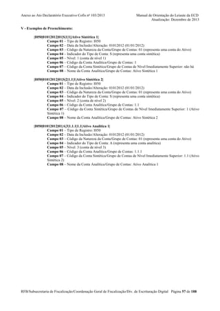 Anexo ao Ato Declaratório Executivo Cofis no 103/2013

Manual de Orientação do Leiaute da ECD
Atualização: Dezembro de 2013

V - Exemplos de Preenchimento:
|I050|01012012|01|S|1|1||Ativo Sintética 1|
Campo 01 – Tipo de Registro: I050
Campo 02 – Data da Inclusão/Alteração: 01012012 (01/01/2012)
Campo 03 – Código da Natureza da Conta/Grupo de Contas: 01 (representa uma conta do Ativo)
Campo 04 – Indicador do Tipo de Conta: S (representa uma conta sintética)
Campo 05 – Nível: 1 (conta de nível 1)
Campo 06 – Código da Conta Analítica/Grupo de Contas: 1
Campo 07 – Código da Conta Sintética/Grupo de Contas de Nível Imediatamente Superior: não há
Campo 08 – Nome da Conta Analítica/Grupo de Contas: Ativo Sintética 1
|I050|01012012|01|S|2|1.1|1|Ativo Sintética 2|
Campo 01 – Tipo de Registro: I050
Campo 02 – Data da Inclusão/Alteração: 01012012 (01/01/2012)
Campo 03 – Código da Natureza da Conta/Grupo de Contas: 01 (representa uma conta do Ativo)
Campo 04 – Indicador do Tipo de Conta: S (representa uma conta sintética)
Campo 05 – Nível: 2 (conta de nível 2)
Campo 06 – Código da Conta Analítica/Grupo de Contas: 1.1
Campo 07 – Código da Conta Sintética/Grupo de Contas de Nível Imediatamente Superior: 1 (Ativo
Sintética 1)
Campo 08 – Nome da Conta Analítica/Grupo de Contas: Ativo Sintética 2
|I050|01012012|01|A|3|1.1.1|1.1|Ativo Analítica 1|
Campo 01 – Tipo de Registro: I050
Campo 02 – Data da Inclusão/Alteração: 01012012 (01/01/2012)
Campo 03 – Código da Natureza da Conta/Grupo de Contas: 01 (representa uma conta do Ativo)
Campo 04 – Indicador do Tipo de Conta: A (representa uma conta analítica)
Campo 05 – Nível: 3 (conta de nível 3)
Campo 06 – Código da Conta Analítica/Grupo de Contas: 1.1.1
Campo 07 – Código da Conta Sintética/Grupo de Contas de Nível Imediatamente Superior: 1.1 (Ativo
Sintética 2)
Campo 08 – Nome da Conta Analítica/Grupo de Contas: Ativo Analítica 1

RFB/Subsecretaria de Fiscalização/Coordenação Geral de Fiscalização/Div. de Escrituração Digital Página 57 de 188

 