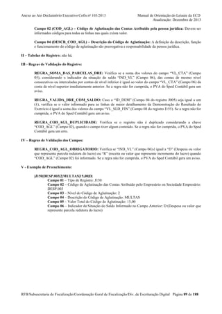 Anexo ao Ato Declaratório Executivo Cofis no 103/2013

Manual de Orientação do Leiaute da ECD
Atualização: Dezembro de 2013

Campo 02 (COD_AGL) – Código de Aglutinação das Contas Atribuído pela pessoa jurídica: Devem ser
informados códigos para todas as linhas nas quais exista valor.
Campo 04 (DESCR_COD_AGL) – Descrição do Código de Aglutinação: A definição da descrição, função
e funcionamento do código de aglutinação são prerrogativa e responsabilidade da pessoa jurídica.
II – Tabelas do Registro: não há.
III - Regras de Validação do Registro:
REGRA_SOMA_DAS_PARCELAS_DRE: Verifica se a soma dos valores do campo “VL_CTA” (Campo
05), considerando o indicador da situação do saldo “IND_VL” (Campo 06), das contas de mesmo nível
consecutivas ou intercaladas por contas de nível inferior é igual ao valor do campo “VL_CTA” (Campo 06) da
conta de nível superior imediatamente anterior. Se a regra não for cumprida, o PVA do Sped Contábil gera um
aviso.
REGRA_VALIDA_DRE_COM_SALDO: Caso o “ID_DEM” (Campo 04 do registro J005) seja igual a um
(1), verifica se o valor informado para as linhas de maior detalhamento da Demonstração do Resultado do
Exercício é igual a soma dos valores do campo “VL_SLD_FIN” (Campo 08 do registro I155). Se a regra não for
cumprida, o PVA do Sped Contábil gera um aviso.
REGRA_COD_AGL_DUPLICIDADE: Verifica se o registro não é duplicado considerando a chave
“COD_AGL” (Campo 02), quando o campo tiver algum conteúdo. Se a regra não for cumprida, o PVA do Sped
Contábil gera um erro.
IV – Regras de Validação dos Campos:
REGRA_COD_AGL_OBRIGATORIO: Verifica se “IND_VL” (Campo 06) é igual a “D” (Despesa ou valor
que represente parcela redutora do lucro) ou “R” (receita ou valor que represente incremento do lucro) quando
“COD_AGL” (Campo 02) foi informado. Se a regra não for cumprida, o PVA do Sped Contábil gera um aviso.
V - Exemplo de Preenchimento:
|J150|DESP.003|2|MULTAS|15,00|D|
Campo 01 – Tipo de Registro: J150
Campo 02 – Código de Aglutinação das Contas Atribuído pelo Empresário ou Sociedade Empresário:
DESP.003
Campo 03 – Nível do Código de Aglutinação: 2
Campo 04 – Descrição do Código de Aglutinação: MULTAS
Campo 05 – Valor Total do Código de Aglutinação: 15,00
Campo 06 – Indicador da Situação do Saldo Informado no Campo Anterior: D (Despesa ou valor que
represente parcela redutora do lucro)

RFB/Subsecretaria de Fiscalização/Coordenação Geral de Fiscalização/Div. de Escrituração Digital Página 89 de 188

 