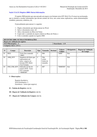 Anexo ao Ato Declaratório Executivo Cofis no 103/2013

Manual de Orientação do Leiaute da ECD
Atualização: Dezembro de 2013

Seção 3.1.6.3.5. Registro J800: Outras Informações
O registro J800 permite que seja anexado um arquivo em formato texto RTF (Rich Text Format) na escrituração,
que se destina a receber informações que devam constar do livro, tais como notas explicativas, outras demonstrações
contábeis, pareceres, relatórios, etc.
O procedimento para anexar é o seguinte:
1 – Digite o documento que deseja anexar no Word;
2 – Salve o documento como .rtf;
3 – Abra o documento no Bloco de Notas;
4 – Copie todo o conteúdo do arquivo aberto no Bloco de Notas; e
5 – Cole o conteúdo copiado no registro J800.
REGISTRO J800: OUTRAS INFORMAÇÕES
Regras de validação do registro
Nível Hierárquico – 3
Campo(s) chave: [REG]
Nº

Campo

01

REG

02

ARQ_RTF

03

IND_FIM_RTF

Descrição
Texto fixo contendo
“J800”.
Sequência de bytes que
representem um
único arquivo no
formato RTF (Rich
Text Format).
Indicador de fim do
arquivo RTF. Texto
fixo contendo
“J800FIM”.

Ocorrência – 1:N

Obrigatório

-

Valores
Válidos
"J800"

Sim

-

Não
existe
limite de
tamanho

-

-

Sim

-

007

-

"J800FIM"

Sim

-

Tipo

Tamanho

Decimal

C

004

C

C

Regras de Validação
do Campo

I - Observações:
Registro facultativo
Nível hierárquico: 3
Ocorrência - vários (por arquivo)
II – Tabelas do Registro: não há.
III - Regras de Validação do Registro: não há.
IV – Regras de Validação dos Campos: não há.

RFB/Subsecretaria de Fiscalização/Coordenação Geral de Fiscalização/Div. de Escrituração Digital Página 90 de 188

 