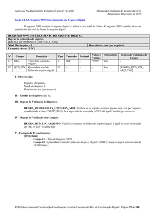 Anexo ao Ato Declaratório Executivo Cofis no 103/2013

Manual de Orientação do Leiaute da ECD
Atualização: Dezembro de 2013

Seção 3.1.6.5. Registro 9999: Encerramento do Arquivo Digital
O registro 9999 encerra o arquivo digital e indica o seu total de linhas. O registro 9999 também deve ser
considerado no total de linhas do arquivo digital.
REGISTRO 9999: ENCERRAMENTO DO ARQUIVO DIGITAL
Regras de validação do registro
[REGRA_OCORRENCIA_UNITARIA_ARQ]
Nível Hierárquico – 1
Campo(s) chave: [REG]
Nº

Campo

Descrição

01

REG

02

QTD_LIN

Texto fixo contendo
“9999”.
Quantidade total de
linhas do arquivo digital.

Ocorrência – um (por arquivo)

-

Valores
Válidos
"9999"

Sim

-

-

Sim

Tipo

Tamanho

Decimal

C

004

N

-

Obrigatório

Regras de Validação do
Campo
[REGRA_QTD_LIN_
ARQUIVO]

I - Observações:
Registro obrigatório
Nível hierárquico: 1
Ocorrência - um (por arquivo)
II – Tabelas do Registro: não há.
III - Regras de Validação do Registro:
REGRA_OCORRENCIA_UNITARIA_ARQ: Verifica se o registro ocorreu apenas uma vez por arquivo,
considerando a chave “9999” (REG). Se a regra não for cumprida, o PVA do Sped Contábil gera um erro.
IV – Regras de Validação dos Campos:
REGRA_QTD_LIN_ARQUIVO: Verifica se numero de linhas do arquivo digital é igual ao valor informado
em “QTD_LIN” (Campo 02).
V - Exemplo de Preenchimento:
|9999|10000|
Campo 01 – Tipo de Registro: 9999
Campo 02 – Quantidade Total de Linhas do Arquivo Digital: 10000 (O arquivo digital tem um total de
10.000 linhas)

RFB/Subsecretaria de Fiscalização/Coordenação Geral de Fiscalização/Div. de Escrituração Digital Página 99 de 188

 