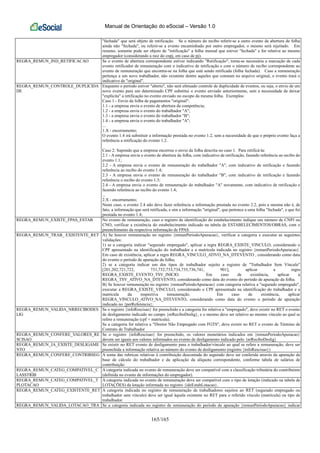 Manual de Orientação do eSocial – Versão 1.0
165/165
"fechada" que será objeto de retificação. Se o número do recibo referir-se a outro evento de abertura de folha
ainda não "fechada", ou referir-se a evento encaminhado por outro empregador, o mesmo será rejeitado. Em
resumo, somente pode ser objeto de "retificação" a folha mensal que estiver "fechada" e for relativa ao mesmo
empregador (considerando a raiz do cnpj, em caso de pj).
REGRA_REMUN_IND_RETIFICACAO Se o evento de abertura correspondente estiver indicando "Retificação", torna-se necessária a marcação de cada
evento retificador de remuneração com o indicativo de retificação e com o número de recibo correspondente ao
evento de remuneração que encontra-se na folha que está sendo retificada (folha fechada). Caso a remuneração
pertença a um novo trabalhador, não existente dentre aqueles que constam no arquivo original, o evento trará o
indicativo de "original".
REGRA_REMUN_CONTROLE_DUPLICIDA
DE
Enquanto o período estiver "aberto", não será efetuado controle de duplicidade de eventos, ou seja, o envio de um
novo evento para um determinado CPF substitui o evento enviado anteriormente, sem a necessidade de deixar
"explícita" a retificação no evento enviado no escopo da mesma folha. Exemplos:
Caso 1 - Envio da folha de pagamentos "original":
1.1 - a empresa envia o evento de abertura da competência;
1.2 - a empresa envia o evento do trabalhador "A";
1.3 - a empresa envia o evento do trabalhador "B";
1.4 - a empresa envia o evento do trabalhador "A";
...
1.X - encerramento;
O evento 1.4 irá substituir a informação prestada no evento 1.2, sem a necessidade de que o próprio evento faça a
referência a retificação do evento 1.2.
Caso 2: Supondo que a empresa encerrou o envio da folha descrita no caso 1. Para retificá-la:
2.1 - A empresa envia o evento de abertura da folha, com indicativo de retificação, fazendo referência ao recibo do
evento 1.1;
2.2 - A empresa envia o evento de remuneração do trabalhador "A", com indicativo de retificação e fazendo
referência ao recibo do evento 1.4;
2.3 - A empresa envia o evento de remuneração do trabalhador "B", com indicativo de retificação e fazendo
referência o recibo do evento 1.3;
2.4 - A empresa envia o evento de remuneração do trabalhador "A" novamente, com indicativo de retificação e
fazendo referência ao recibo do evento 1.4;
...
2.X - encerramento;
Neste caso, o evento 2.4 não deve fazer referência a informação prestada no evento 2.2, pois a mesma não é, de
fato, a informação que será retificada, e sim a informação "original", que pertence a uma folha "fechada", e que foi
prestada no evento 1.4;
REGRA_REMUN_EXISTE_FPAS_ESTAB No evento de remuneração, caso o registro de identificação do estabelecimento indique um número de CNPJ ou
CNO, verificar a existência do estabelecimento indicado na tabela de ESTABELECIMENTOS/OBRAS, com o
preenchimento da respectiva informação de FPAS.
REGRA_REMUN_TRAB_ EXISTENTE_RET A) Se houver remuneração no registro {remunPeriodoApuracao}, verificar a categoria e executar as seguintes
validações:
1) se a categoria indicar "segurado empregado", aplicar a regra REGRA_EXISTE_VINCULO, considerando o
CPF apresentado na identificação do trabalhador e a matrícula indicada no registro {remunPeriodoApuracao}.
Em caso de existência, aplicar a regra REGRA_VINCULO_ATIVO_NA_DTEVENTO , considerando como data
do evento o período de apuração da folha;
2) se a categoria indicar um dos tipos de trabalhador sujeito a registro de "Trabalhador Sem Vínculo"
[201,202,721,722, 731,732,733,734,735,736,741, 901], aplicar a regra
REGRA_EXISTE_EVENTO_TSV_INICIO. Em caso de existência, aplicar a
REGRA_TSV_ATIVO_NA_DTEVENTO, considerando como data do evento do período de apuração da folha.
B) Se houver remuneração no registro {remunPeriodoApuracao} com categoria relativa a "segurado empregado",
executar a REGRA_EXISTE_VINCULO, considerando o CPF apresentado na identificação do trabalhador e a
matrícula da respectiva remuneração. Em caso de existência, aplicar
REGRA_VINCULO_ATIVO_NA_DTEVENTO, considerando como data do evento o período de apuração
indicado no {perReferencia};
REGRA_REMUN_VALIDA_NRRECIBODES
LIG
Se o registro {infoRescisao} for preenchido e a categoria for relativa a "empregado", deve existir no RET o evento
de desligamento indicado no campo {nrReciboDeslig}, e o mesmo deve ser relativo ao mesmo vínculo ao qual se
refere a remuneração (cpf + matrícula).
Se a categoria for relativa a "Diretor Não Empregado com FGTS", deve existir no RET o evento de Término de
Contrato de Trabalhador
REGRA_REMUN_CONFERE_VALORES_RE
SCISAO
Se o registro {infoRescisao} for preenchido, os valores monetários indicados em {remunPeriodoApuracao}
devem ser iguais aos valores informados no evento de desligamento indicado pelo {nrReciboDeslig}
REGRA_REMUN_JA_EXISTE_DESLIGAME
NTO
Se existir no RET evento de desligamento para o trabalhador/vínculo ao qual se refere a remuneração, deve ser
preenchida a informação relativa ao número do evento de desligamento (registro {infoRescisao})
REGRA_REMUN_CONFERE_CONTRIBSEG A soma das rubricas relativas à contribuição descontada do segurado deve ser conferida através da apuração da
base de cálculo do trabalhador e da aplicação da alíquota correspondente, conforme tabela de salários de
contribuição.
REGRA_REMUN_CATEG_COMPATIVEL_C
LASSTRIB
A categoria indicada no evento de remuneração deve ser compatível com a classificação tributária do contribuinte
(definida no evento de informações do empregador).
REGRA_REMUN_CATEG_COMPATIVEL_T
PLOTACAO
A categoria indicada no evento de remuneração deve ser compatível com o tipo de lotação (indicado na tabela de
LOTAÇÕES) da lotação informada no registro {ideEstabLotacao}.
REGRA_REMUN_CATEG_EXISTENTE_RET A categoria indicada no registro de remuneração de trabalhadores sujeitos ao RET (segurado empregado ou
trabalhador sem vínculo) deve ser igual àquela existente no RET para o referido vínculo (matrícula) ou tipo de
trabalhador.
REGRA_REMUN_VALIDA_LOTACAO_TRA Se a categoria indicada no registro de remuneração do período de apuração {remunPeriodoApuracao} indicar
 