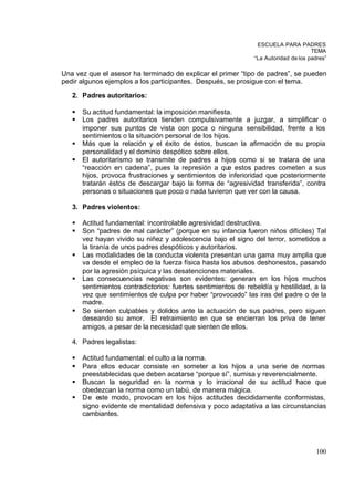 ESCUELA PARA PADRES
                                                                                      TEMA
                                                                “La Autoridad de los padres”

Una vez que el asesor ha terminado de explicar el primer “tipo de padres”, se pueden
pedir algunos ejemplos a los participantes. Después, se prosigue con el tema.

   2. Padres autoritarios:

   §   Su actitud fundamental: la imposición manifiesta.
   §   Los padres autoritarios tienden compulsivamente a juzgar, a simplificar o
       imponer sus puntos de vista con poca o ninguna sensibilidad, frente a los
       sentimientos o la situación personal de los hijos.
   §   Más que la relación y el éxito de éstos, buscan la afirmación de su propia
       personalidad y el dominio despótico sobre ellos.
   §   El autoritarismo se transmite de padres a hijos como si se tratara de una
       “reacción en cadena”, pues la represión a que estos padres cometen a sus
       hijos, provoca frustraciones y sentimientos de inferioridad que posteriormente
       tratarán éstos de descargar bajo la forma de “agresividad transferida”, contra
       personas o situaciones que poco o nada tuvieron que ver con la causa.

   3. Padres violentos:

   §   Actitud fundamental: incontrolable agresividad destructiva.
   §   Son “padres de mal carácter” (porque en su infancia fueron niños difíciles) Tal
       vez hayan vivido su niñez y adolescencia bajo el signo del terror, sometidos a
       la tiranía de unos padres despóticos y autoritarios.
   §   Las modalidades de la conducta violenta presentan una gama muy amplia que
       va desde el empleo de la fuerza física hasta los abusos deshonestos, pasando
       por la agresión psíquica y las desatenciones materiales.
   §   Las consecuencias negativas son evidentes: generan en los hijos muchos
       sentimientos contradictorios: fuertes sentimientos de rebeldía y hostilidad, a la
       vez que sentimientos de culpa por haber “provocado” las iras del padre o de la
       madre.
   §   Se sienten culpables y dolidos ante la actuación de sus padres, pero siguen
       deseando su amor. El retraimiento en que se encierran los priva de tener
       amigos, a pesar de la necesidad que sienten de ellos.

   4. Padres legalistas:

   §   Actitud fundamental: el culto a la norma.
   §   Para ellos educar consiste en someter a los hijos a una serie de normas
       preestablecidas que deben acatarse “porque sí”, sumisa y reverencialmente.
   §   Buscan la seguridad en la norma y lo irracional de su actitud hace que
       obedezcan la norma como un tabú, de manera mágica.
   §   De este modo, provocan en los hijos actitudes decididamente conformistas,
       signo evidente de mentalidad defensiva y poco adaptativa a las circunstancias
       cambiantes.




                                                                                        100
 