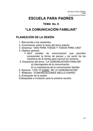 ESCUELA PARA PADRES
                                                               TEMA
                                            “La comunicación familiar”

         ESCUELA PARA PADRES
                      TEMA No. 9

      “LA COMUNICACIÓN FAMILIAR”

PLANEACIÓN DE LA SESIÓN
 1. Bienvenida a los asistentes.
 2. Comentarios sobre la tarea del tema anterior.
 3. Dinámica: “UNO PARA TODOS Y TODOS PARA UNO”
 4. Objetivo general:
      § Abrir canales de comunicación que permitan
         comprender la forma de pensar y de sentir de los
         miembros de la familia para convivir en armonía.
  5. Exposición del tema: “LA COMUNICACIÓN FAMILIAR”
              a) Interrogantes de la comunicación.
              b) La importancia de la comunicación familiar.
 6. Ejercicio: “LOS 10 COMO DE LA COMUNICACIÓN”
 7. Reflexión: “COMUNICACIONES WELLS CHAPEL”
 8. Evaluación de la sesión.
 9.Despedida e invitación para la próxima reunión.




                                                                 107
 