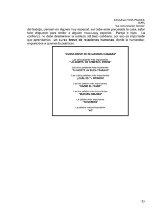 ESCUELA PARA PADRES
                                                                                         TEMA
                                                                      “La comunicación familiar”
del trabajo; piensen en alguien muy especial, así debe estar preparada la casa, estar
todo dispuesto para recibir a alguien muuuuuuy especial. Pareja e hijos. La
confianza no debe desmerecer la sutileza del trato cotidiano; por eso es importante
que aprendamos un curso breve de relaciones humanas, donde la humanidad
engrandece a quienes lo practican.


                           “CURSO BREVE DE RELACIONES HUMANAS”

                                Las seis palabras más importantes
                              “LO ADMITO, YO COMETI EL ERROR”

                                Las cinco palabras más importantes
                                “Tú HICISTE UN BUEN TRABAJO”

                               Las cuatro palabras más importantes
                                    ¿CUÁL ES TU OPINIÓN?

                                 Las tres palabra más importantes
                                       “HAZME EL FAVOR”

                                 Las dos palabra más importantes
                                      “MUCHAS GRACIAS”

                                    La palabra más importante
                                          “NOSOTROS”

                                   La palabra menos importante
                                              “YO”




                                                                                           115
 