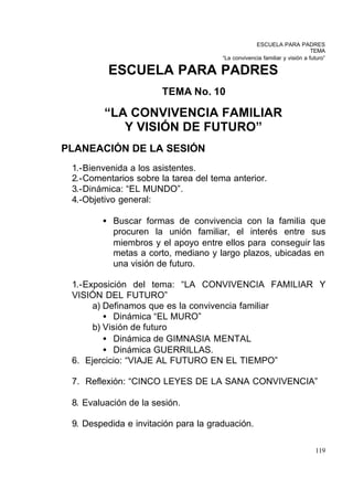 ESCUELA PARA PADRES
                                                                           TEMA
                                      “La convivencia familiar y visión a futuro”

          ESCUELA PARA PADRES
                       TEMA No. 10

         “LA CONVIVENCIA FAMILIAR
            Y VISIÓN DE FUTURO”
PLANEACIÓN DE LA SESIÓN
 1.-Bienvenida a los asistentes.
 2.-Comentarios sobre la tarea del tema anterior.
 3.-Dinámica: “EL MUNDO”.
 4.-Objetivo general:

        • Buscar formas de convivencia con la familia que
          procuren la unión familiar, el interés entre sus
          miembros y el apoyo entre ellos para conseguir las
          metas a corto, mediano y largo plazos, ubicadas en
          una visión de futuro.

 1.-Exposición del tema: “LA CONVIVENCIA FAMILIAR Y
 VISIÓN DEL FUTURO”
      a) Definamos que es la convivencia familiar
         • Dinámica “EL MURO”
      b) Visión de futuro
         • Dinámica de GIMNASIA MENTAL
         • Dinámica GUERRILLAS.
 6. Ejercicio: “VIAJE AL FUTURO EN EL TIEMPO”

 7. Reflexión: “CINCO LEYES DE LA SANA CONVIVENCIA”

 8. Evaluación de la sesión.

 9. Despedida e invitación para la graduación.

                                                                            119
 