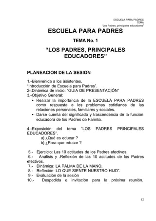 ESCUELA PARA PADRES
                                                                      TEMA
                                        “Los Padres, principales educadores”

           ESCUELA PARA PADRES
                        TEMA No. 1

         “LOS PADRES, PRINCIPALES
               EDUCADORES”

PLANEACION DE LA SESION
1.-Bienvenida a los asistentes.
“Introducción de Escuela para Padres”.
2-.Dinámica de inicio: “GUIA DE PRESENTACIÓN”
3.-Objetivo General:
   • Realzar la importancia de la ESCUELA PARA PADRES
      como respuesta a los problemas cotidianos de las
      relaciones personales, familiares y sociales.
   • Darse cuenta del significado y trascendencia de la función
      educadora de los Padres de Familia.

4.-Exposición del tema “LOS          PADRES          PRINCIPALES
EDUCADORES”.
       a) ¿Qué es educar ?
       b) ¿Para que educar ?

 5.- Ejercicio: Las 10 actitudes de los Padres efectivos.
 6.-   Análisis y .Reflexión de las 10 actitudes de los Padres
efectivos.
 7.- Dinámica: LA PALMA DE LA MANO.
 8.- Reflexión: LO QUE SIENTE NUESTRO HIJO”.
 9.- Evaluación de la sesión
10.-     Despedida e invitación para la próxima reunión.



                                                                         12
 