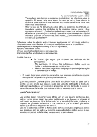 ESCUELA PARA PADRES
                                                                                          TEMA
                                                     “La convivencia familiar y visión a futuro”
       •   Ya concluido este tiempo se suspende la dinámica y se reflexiona sobra lo
           sucedido. El asesor debe estar atento de cómo se ha ido desarrollando la
           dinámica, para evaluar si otra vuelta es importante con el fin de darle más
           elementos a la dinámica.
       •   Una vez que se ha conversado sobre cómo se desarrolló la dinámica, es
           importante analizar los símbolos de la dinámica misma, como: ¿Qué
           representa el muro?, ¿Cuáles fueron las instrucciones que se impartieron?,
           el hecho de que cada grupo se le dijo que actuara por conseguir un objetivo
           individual y que en un inicio no se podía hablar, ¿Cómo influyó en la acción
           que se tuvo que realizar?.

Reflexionar sobre la relación entre intereses particulares con el interés colectivo;
cómo esto puede o no bloquear el conseguir un objetivo o superar un problema.
Ver la importancia de la planificación y la acción organizada.
Aplicarlo a la vida en familia.
El muro significa los objetivos que perseguimos.
El premio significa un objetivo que perseguimos.

SUGERENCIAS:
            §       Se pueden fijar reglas que moderen las acciones de los
                    participantes:
                   • No aventarse, no romper las indicaciones dadas, como no
                     hablar o molestarse con los participantes.
                   • Marcar sanciones: dejar fuera del juego al que infrinja las reglas
                     o penalizar con el tiempo.

   •   El regalo debe tener suficientes caramelos, que alcancen para los dos grupos;
       unos por ser los ganadores y otros para consolarlos.

   ¿Qué les pareció? ¿Verdad que la unión hace la fuerza? Pues así pasa con la
   familia; no hay familia que estando unida sea ve ncida, doblegada o derribada;
   podrá ser vapuleada por un vendaval de problemas, pero no derribada. Y ese es el
   valor más grande: la familia, que estando unida no hay nada que la venza.

   b) VISIÓN DE FUTURO

   Las familias deben reflexionar hacia dónde van en este devenir del tiempo. Los
   padres vemos como pasan loa años rápidamente y de buenas a primeras el
   matrimonio ya tiene sus hijos, todos están en la escuela (diferentes niveles) y la
   pregunta es ¿Cuándo planeamos lo que queríamos que sucediera? ¿O hemos
   dejado que las cosas salgan al “ahí se va”?.
   Esto no lo debemos permitir, la familia debe ser una institución organizada donde
   sus directores son los padres y tienen la responsabilidad de saber qué es lo que
   se quiere conseguir en la familia y planear cómo lo van a lograr.




                                                                                           123
 