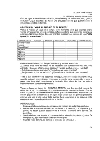 ESCUELA PARA PADRES
                                                                                        TEMA
                                                   “La convivencia familiar y visión a futuro”
  Esto se logra a base de comunicación, de reflexión y de visión de futuro, ¿Visión
  de futuro? ¿Qué significa? Es hacer una proyección de lo que queremos ser a
  diferentes periodos de tiempo.

  6.EJERCICIO: “VIAJE AL FUTURO EN EL TIEMPO”
  Vamos a realizar un viaje en el tiempo, y del momento en el que estamos ahora,
  vamos a trasladarnos en seis períodos, reflexionando lo que queremos lograr para
  entonces. No tengan temor de poner grandes expectativas, piensen en que “si lo
  quiero, lo puedo hacer”.

 TEMPORALIDAD    PERSONAL     FAMILIAR   PROFESIONAL    VACACIONES        ECONÓMICAMENTE
Dentro de dos
meses
Fin del 2002
Al 2003
Al 2005
Al 2010
Al 2015
Al 2020

  Pareciera que falta mucho tiempo, pero les voy a hacer reflexionar:
  ¿Cuántos años tiene de edad? No es necesario que contesten en voz alta, sólo
  piénselo, ¿Cuántos años tiene de casados? Parece que fue ayer..... ¿verdad?
  ¿Cuántos años tienen sus hijos? ¿Verdad que ya están grandes?
  ¿Se fijan cómo no fue hace mucho? ¿ Verdad que el tiempo se pasa volando?

  Todo lo que escribimos lo podemos conseguir, para eso existe una forma muy
  sencilla, primero proponérselo, programar la mente para conseguirlo y poco a
  poco, con tenacidad, entusiasmo y teniendo bien claro lo que se quiere,
  seguramente se consigue lo planeado.

  Vamos a hacer un juego de GIMNASIA MENTAL que les permitirá mejorar la
  retención de los conocimientos, si lo practican durante 10 minutos diarios. Pueden
  variar la posición del abecedario o las letras que indican el orden, además de que
  deben pegarlo en la recámara o en algún lugar visible que les permita practicarlo
  mínimo una vez al día, sobre todo cuando haya exámenes o se requiera más
  concentración. Lo puede practicar toda la familia.

  INDICACIONES:
  • Se pega el abecedario con las letras que se indican; se quitan las repetidas.
  • Debajo del abecedario se colocan las letras d = derecha, i = izquierda, j =
     juntos; no deben quedar debajo de la d y de la i la misma letra; sólo la j es
     permitida.
  • Se dice la letra y se levanta el brazo que indica: derecho, izquierdo o juntos. Se
     complica el juego haciéndolo también con los pies.
  • Cuando ya se domina, se cambia el orden de las letras d, i, j.


                                                                                         124
 
