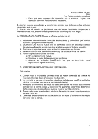 ESCUELA PARA PADRES
                                                                                     TEMA
                                                       “Los Padres, principales educadores”
          •   Para que sean capaces de responder por sí mismos,              lograr una
              identidad personal y la autonomía necesaria.

2. Aportar nuevos aprendizajes y experiencias propias que influyan en las actitudes
personales y de grupo.
3. Buscar más el estudio de problemas que de temas, buscando comprender la
realidad que se vive, encontrando sugerencias de solución para vivir mejor.

La ESCUELA PARA PADRES busca la eficacia y eficiencia al:

   2. Reconocer individualmente actitudes equivocadas y cambiarlas por nuevas
      actitudes, que permitan ser mejores.
   3. Situarse de una manera nueva ante los conflictos, viendo en ellos la posibilidad
      de solucionarlos ante un reto que si se analiza seguramente tiene solución.
   4. Acercarse progresivamente y con actitud comprensiva a los demás.
   5. Tener una visión más de nosotros mismos y de favorecer la de los demás.
   6. Poner en práctica lo que se aprende:
          a) Un comportamiento nuevo.
          b) Modificar el estilo de las relaciones familiares
          c) Avanzar en actitudes (modificando las que se reconocen como
             equivocadas o poco acertadas)

   7. Crecer como persona, como pareja, y como padres.

   Dificultades:

   1. Querer llegar a lo práctico (receta) antes de haber cambiado de actitud, no
      respetar el tiempo de un proceso de maduración.
   2. No concebir la escuela como activa, donde se trabaja para modificar actitudes,
      hábitos, conductas, sino esperar recibirlo todo hecho.
   3. Amargura o sentimiento de culpa por descubrir que se ha estado actuando mal
      con los hijos o con la pareja, y reaccionar no queriendo saber más, desertando
      de la asistencia a la escuela que pudiera mejorar su vida cotidiana.
   4. Querer solucionar a corto plazo, sin tener la paciencia para ir consiguiendo un
      escalón cada vez.
   5. Centrarse excesivamente en la actuación de los hijos y no tanto en la mejora
      personal y de la pareja.




                                                                                        14
 