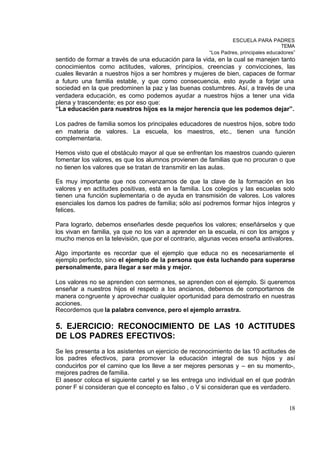 ESCUELA PARA PADRES
                                                                                     TEMA
                                                       “Los Padres, principales educadores”
sentido de formar a través de una educación para la vida, en la cual se manejen tanto
conocimientos como actitudes, valores, principios, creencias y convicciones, las
cuales llevarán a nuestros hijos a ser hombres y mujeres de bien, capaces de formar
a futuro una familia estable, y que como consecuencia, esto ayude a forjar una
sociedad en la que predominen la paz y las buenas costumbres. Así, a través de una
verdadera educación, es como podemos ayudar a nuestros hijos a tener una vida
plena y trascendente; es por eso que:
“La educación para nuestros hijos es la mejor herencia que les podemos dejar”.

Los padres de familia somos los principales educadores de nuestros hijos, sobre todo
en materia de valores. La escuela, los maestros, etc., tienen una función
complementaria.

Hemos visto que el obstáculo mayor al que se enfrentan los maestros cuando quieren
fomentar los valores, es que los alumnos provienen de familias que no procuran o que
no tienen los valores que se tratan de transmitir en las aulas.

Es muy importante que nos convenzamos de que la clave de la formación en los
valores y en actitudes positivas, está en la familia. Los colegios y las escuelas solo
tienen una función suplementaria o de ayuda en transmisión de valores. Los valores
esenciales los damos los padres de familia; sólo así podremos formar hijos íntegros y
felices.

Para lograrlo, debemos enseñarles desde pequeños los valores; enseñárselos y que
los vivan en familia, ya que no los van a aprender en la escuela, ni con los amigos y
mucho menos en la televisión, que por el contrario, algunas veces enseña antivalores.

Algo importante es recordar que el ejemplo que educa no es necesariamente el
ejemplo perfecto, sino el ejemplo de la persona que ésta luchando para superarse
personalmente, para llegar a ser más y mejor.

Los valores no se aprenden con sermones, se aprenden con el ejemplo. Si queremos
enseñar a nuestros hijos el respeto a los ancianos, debemos de comportarnos de
manera co ngruente y aprovechar cualquier oportunidad para demostrarlo en nuestras
acciones.
Recordemos que la palabra convence, pero el ejemplo arrastra.

5. EJERCICIO: RECONOCIMIENTO DE LAS 10 ACTITUDES
DE LOS PADRES EFECTIVOS:
Se les presenta a los asistentes un ejercicio de reconocimiento de las 10 actitudes de
los padres efectivos, para promover la educación integral de sus hijos y así
conducirlos por el camino que los lleve a ser mejores personas y – en su momento-,
mejores padres de familia.
El asesor coloca el siguiente cartel y se les entrega uno individual en el que podrán
poner F si consideran que el concepto es falso , o V si consideran que es verdadero.


                                                                                        18
 