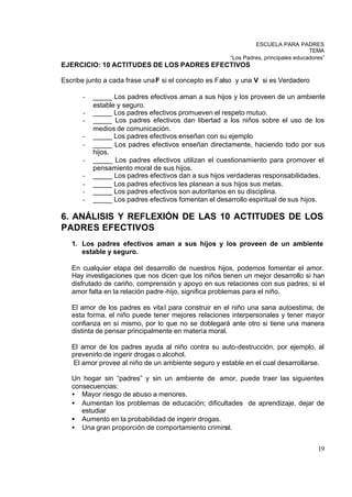 ESCUELA PARA PADRES
                                                                                    TEMA
                                                      “Los Padres, principales educadores”
EJERCICIO: 10 ACTITUDES DE LOS PADRES EFECTIVOS

Escribe junto a cada frase una F si el concepto es Falso y una V si es Verdadero

      -   _____ Los padres efectivos aman a sus hijos y los proveen de un ambiente
          estable y seguro.
      -   _____ Los padres efectivos promueven el respeto mutuo.
      -   _____ Los padres efectivos dan libertad a los niños sobre el uso de los
          medios de comunicación.
      -   _____ Los padres efectivos enseñan con su ejemplo
      -   _____ Los padres efectivos enseñan directamente, haciendo todo por sus
          hijos.
      -   _____ Los padres efectivos utilizan el cuestionamiento para promover el
          pensamiento moral de sus hijos.
      -   _____ Los padres efectivos dan a sus hijos verdaderas responsabilidades.
      -   _____ Los padres efectivos les planean a sus hijos sus metas.
      -   _____ Los padres efectivos son autoritarios en su disciplina.
      -   _____ Los padres efectivos fomentan el desarrollo espiritual de sus hijos.

6. ANÁLISIS Y REFLEXIÓN DE LAS 10 ACTITUDES DE LOS
PADRES EFECTIVOS
   1. Los padres efectivos aman a sus hijos y los proveen de un ambiente
      estable y seguro.

   En cualquier etapa del desarrollo de nuestros hijos, podemos fomentar el amor.
   Hay investigaciones que nos dicen que los niños tienen un mejor desarrollo si han
   disfrutado de cariño, comprensión y apoyo en sus relaciones con sus padres; si el
   amor falta en la relación padre -hijo, significa problemas para el niño.

   El amor de los padres es vita l para construir en el niño una sana autoestima; de
   esta forma, el niño puede tener mejores relaciones interpersonales y tener mayor
   confianza en sí mismo, por lo que no se doblegará ante otro si tiene una manera
   distinta de pensar principalmente en materia moral.

   El amor de los padres ayuda al niño contra su auto-destrucción, por ejemplo, al
   prevenirlo de ingerir drogas o alcohol.
   El amor provee al niño de un ambiente seguro y estable en el cual desarrollarse.

   Un hogar sin “padres” y sin un ambiente de amor, puede traer las siguientes
   consecuencias:
   • Mayor riesgo de abuso a menores.
   • Aumentan los problemas de educación; dificultades de aprendizaje, dejar de
      estudiar
   • Aumento en la probabilidad de ingerir drogas.
   • Una gran proporción de comportamiento criminal.


                                                                                       19
 