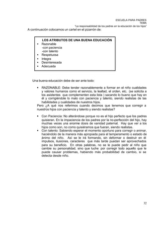 ESCUELA PARA PADRES
                                                                                          TEMA
                                  “La responsabilidad de los padres en la educación de los hijos”
A continuación colocamos un cartel en el pizarrón de:


           LOS ATRIBUTOS DE UNA BUENA EDUCACIÓN
      •   Razonable
          -con paciencia
          -con talento
      •   Respetuosa
      •   Integra
      •   Desinteresada
      •   Adecuada



   Una buena educación debe de ser ante todo:

      §  RAZONABLE: Debe tender razonablemente a formar en el niño cualidades
         y valores humanos como el servicio, la lealtad, el orden, etc. (se solicita a
         los asistentes que complementen esta lista ) sacando lo bueno que hay en
         él y corrigiéndole lo malo con paciencia y talento, siendo realistas de las
         habilidades y cualidades de nuestros hijos.
      Pero ¿A qué nos referimos cuando decimos que tenemos que corregir a
      nuestros hijos con paciencia y talento y siendo realistas?

      §   Con Paciencia: No alterándose porque no es el hijo perfecto que los padres
          quisieran. En la impaciencia de los padres por la no-perfección del hijo, hay
          muchas veces una enorme dosis de vanidad paternal. Hay que ver a los
          hijos como son, no como quisiéramos que fueran, siendo realistas.
      §   Con talento: Sabiendo esperar el momento oportuno para corregir o animar,
          haciéndolo de la manera más apropiada para el temperamento o estado de
          ánimo del niño. Así se le irá formando, sin deformar o destruir en él
          impulsos, ilusiones, caracteres que más tarde puedan ser aprovechados
          para su beneficio. En otras palabras, no se le puede pedir al niño que
          cambie su personalidad, sino que luche por corregir todo aquello que le
          puede causar problemas, habiendo más probabilidad de cambio, si se
          detecta desde niño.




                                                                                              32
 