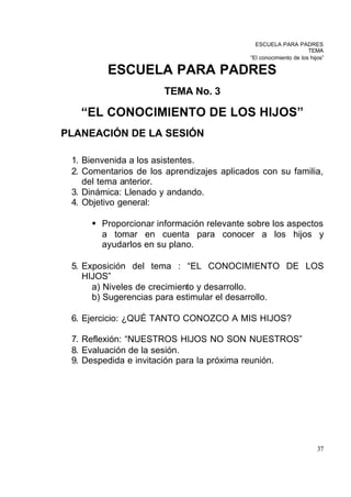 ESCUELA PARA PADRES
                                                                  TEMA
                                           “El conocimiento de los hijos”

         ESCUELA PARA PADRES
                       TEMA No. 3

   “EL CONOCIMIENTO DE LOS HIJOS”
PLANEACIÓN DE LA SESIÓN

 1. Bienvenida a los asistentes.
 2. Comentarios de los aprendizajes aplicados con su familia,
    del tema anterior.
 3. Dinámica: Llenado y andando.
 4. Objetivo general:

     § Proporcionar información relevante sobre los aspectos
       a tomar en cuenta para conocer a los hijos y
       ayudarlos en su plano.

 5. Exposición del tema : “EL CONOCIMIENTO DE LOS
    HIJOS”
      a) Niveles de crecimiento y desarrollo.
      b) Sugerencias para estimular el desarrollo.

 6. Ejercicio: ¿QUÉ TANTO CONOZCO A MIS HIJOS?

 7. Reflexión: “NUESTROS HIJOS NO SON NUESTROS”
 8. Evaluación de la sesión.
 9. Despedida e invitación para la próxima reunión.




                                                                      37
 