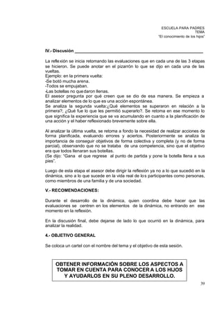 ESCUELA PARA PADRES
                                                                                  TEMA
                                                           “El conocimiento de los hijos”



IV.- Discusión _____________________________________________________

La refle xión se inicia retomando las evaluaciones que en cada una de las 3 etapas
se hicieron. Se puede anotar en el pizarrón lo que se dijo en cada una de las
vueltas.
Ejemplo: en la primera vuelta:
-Se botó mucha arena.
-Todos se empujaban.
-Las botellas no que daron llenas.
El asesor pregunta por qué creen que se dio de esa manera. Se empieza a
analizar elementos de lo que es una acción espontánea.
Se analiza la segunda vuelta:¿Qué elementos se superaron en relación a la
primera?; ¿Qué fue lo que les permitió superarlo?. Se retoma en ese momento lo
que significa la experiencia que se va acumulando en cuanto a la planificación de
una acción y el haber reflexionado brevemente sobre ella.

Al analizar la última vuelta, se retoma a fondo la necesidad de realizar acciones de
forma planificada, evaluando errores y aciertos. Posteriormente se analiza la
importancia de conseguir objetivos de forma colectiva y completa (y no de forma
parcial), observando que no se trataba de una competencia, sino que el objetivo
era que todos llenaran sus botellas.
(Se dijo: “Gana el que regrese al punto de partida y pone la botella llena a sus
pies”.

Luego de esta etapa el asesor debe dirigir la reflexión ya no a lo que sucedió en la
dinámica, sino a lo que sucede en la vida real de lo s participantes como personas,
como miembros de una familia y de una sociedad.

V.- RECOMENDACIONES:

Durante el desarrollo de la dinámica, quien coordina debe hacer que las
evaluaciones se centren en los elementos de la dinámica, no entrando en ese
momento en la reflexión.

En la discusión final, debe dejarse de lado lo que ocurrió en la dinámica, para
analizar la realidad.

4.- OBJETIVO GENERAL

Se coloca un cartel con el nombre del tema y el objetivo de esta sesión.



     OBTENER INFORMACIÓN SOBRE LOS ASPECTOS A
     TOMAR EN CUENTA PARA CONOCER A LOS HIJOS
       Y AYUDARLOS EN SU PLENO DESARROLLO.
                                                                                      39
 
