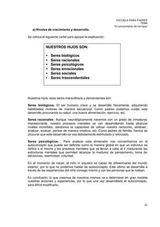 ESCUELA PARA PADRES
                                                                                    TEMA
                                                             “El conocimiento de los hijos”
   a) Niveles de crecimiento y desarrollo.

Se coloca el siguiente cartel para apoyar la explicación:


             NUESTROS HIJOS SON:

             • Seres biológicos
             • Seres racionales
             • Seres psicológicos
             • Seres emocionales
             • Seres sociales
             • Seres trascendentales




Nuestros hijos, esos seres maravillosos y demandantes son:

Seres biológicos: El ser humano crece y se desarrolla físicamente, adquiriendo
habilidades motoras de manera secuencial. Como padres podemos cuidar este
desarrollo procurando su salud, una buena alimentación, ejercicio, etc.

Seres racionales: Aunque neurológicamente nacemos con un grado de inmadurez
impresionante, nuestro procesos mentales se van desarrollando hasta alcanzar
niveles increíbles, dándonos la capacidad de utilizar nuestro raciocinio, abstraer,
analizar, evaluar, pensar de manera creativa, etc. Como padres de familia, hemos de
procurar que este desarrollo se vea debidamente estimulado y reforzado.

Seres psicológicos:       Para analizar esta dimensión nos concentramos en el
autoconcepto que puede ser definido como la manera global en que un individuo se
define a sí mismo y los procesos mentales que se llevan a cabo al ir madurando las
estructuras mentales que permiten alcanzar la madurez de pensamiento, toma de
decisiones, asertividad, voluntad.

En el momento de nacer, el niño ni siquiera es capaz de diferenciarse del mundo
exterior, por lo que no podemos hablar de autoconcepto. Este último se desarrolla a
través de las experiencias del niño consigo mismo y con las personas que le rodean.

En conclusión, lo que creemos de nosotros mismos va a determinar en gran medida
nuestras acciones y experiencias, por lo que una vez desarrollado el autoconcepto,
será difícil modificarlo.




                                                                                        41
 