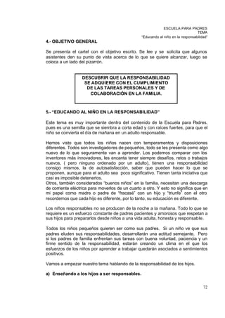 ESCUELA PARA PADRES
                                                                                  TEMA
                                                 “Educando al niño en la responsabilidad”
4.- OBJETIVO GENERAL

Se presenta el cartel con el objetivo escrito. Se lee y se solicita que algunos
asistentes den su punto de vista acerca de lo que se quiere alcanzar, luego se
coloca a un lado del pizarrón.


                  DESCUBRIR QUE LA RESPONSABILIDAD
                   SE ADQUIERE CON EL CUMPLIMIENTO
                    DE LAS TAREAS PERSONALES Y DE
                     COLABORACIÓN EN LA FAMILIA.



5.- “EDUCANDO AL NIÑO EN LA RESPONSABILIDAD”

Este tema es muy importante dentro del contenido de la Escuela para Padres,
pues es una semilla que se siembra a corta edad y con raíces fuertes, para que el
niño se convierta el día de mañana en un adulto responsable.

Hemos visto que todos los niños nacen con temperamentos y disposiciones
diferentes. Todos son investigadores de pequeños, todo se les presenta como algo
nuevo de lo que seguramente van a aprender. Los podemos comparar con los
inventores más innovadores, les encanta tener siempre desafíos, retos o trabajos
nuevos, ( pero ninguno ordenado por un adulto), tienen una responsabilidad
consigo mismos, la de autosatisfacción, saber que pueden hacer lo que se
proponen, aunque para el adulto sea poco significativo. Tienen tanta iniciativa que
casi es imposible detenerlos.
Otros, también considerados “buenos niños” en la familia, necesitan una descarga
de corriente eléctrica para moverlos de un cuarto a otro. Y esto no significa que en
mi papel como madre o padre de “fracasé” con un hijo y “triunfe” con el otro
recordemos que cada hijo es diferente, por lo tanto, su educación es diferente.

Los niños responsables no se producen de la noche a la mañana. Todo lo que se
requiere es un esfuerzo constante de padres pacientes y amorosos que respetan a
sus hijos para prepararlos desde niños a una vida adulta, honesta y responsable.

Todos los niños pequeños quieren ser como sus padres. Si un niño ve que sus
padres eluden sus responsabilidades, desarrollarán una actitud semejante. Pero
si los padres de familia enfrentan sus tareas con buena voluntad, paciencia y un
firme sentido de la responsabilidad, estarán creando un clima en el que los
esfuerzos de los niños por aprender a trabajar quedarán asociados a sentimientos
positivos.

Vamos a empezar nuestro tema hablando de la responsabilidad de los hijos.

a) Enseñando a los hijos a ser responsables.


                                                                                      72
 