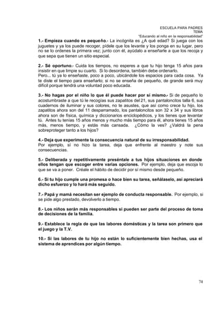 ESCUELA PARA PADRES
                                                                                     TEMA
                                                    “Educando al niño en la responsabilidad”
1.- Empieza cuando es pequeño.- La incógnita es ¿A qué edad? Si juega con los
juguetes y ya los puede recoger, pídele que los levante y los ponga en su lugar, pero
no se lo ordenes la primera vez; junto con él, ayúdalo a enseñarle a que los recoja y
que sepa que tienen un sitio especial.

2.- Sé oportuno.- Cuida los tiempos, no esperes a que tu hijo tenga 15 años para
insistir en que limpie su cuarto. Si lo desordena, también debe ordenarlo.
Pero... tú ya lo enseñaste, poco a poco, ubicándole los espacios para cada cosa. Ya
te diste el tiempo para enseñarlo; si no se enseña de pequeño, de grande será muy
difícil porque tendrá una voluntad poco educada.

3.- No hagas por el niño lo que él puede hacer por sí mismo.- Si de pequeño lo
acostumbraste a que tú le recogías sus zapatitos del 21, sus pantaloncitos talla 6, sus
cuadernos de iluminar y sus colores, no te asustes, que así como crece tu hijo, los
zapatitos ahora son del 11 desparramado, los pantaloncitos son 32 x 34 y sus libros
ahora son de física, química y diccionarios enciclopédicos, y los tienes que levantar
tú. Antes tu tenías 15 años menos y mucho más tiempo para él, ahora tienes 15 años
más, menos tiempo, y estás más cansada. ¿Cómo la ves? ¿Valdrá la pena
sobreproteger tanto a los hijos?

4.- Deja que experimente la consecuencia natural de su irresponsabilidad.
Por ejemplo, sí no hizo la tarea, deja que enfrente al maestro y note sus
consecuencias.

5.- Deliberada y repetitivamente preséntale a tus hijos situaciones en donde
ellos tengan que escoger entre varias opciones. Por ejemplo, deja que escoja lo
que se va a poner. Créale el hábito de decidir por sí mismo desde pequeño.

6.- Si tu hijo cumple una promesa o hace bien su tarea, señálaselo, así apreciará
dicho esfuerzo y lo hará más seguido.

7.- Papá y mamá necesitan ser ejemplo de conducta responsable. Por ejemplo, si
se pide algo prestado, devolverlo a tiempo.

8.- Los niños serán más responsables si pueden ser parte del proceso de toma
de decisiones de la familia.

9.- Establece la regla de que las labores domésticas y la tarea son primero que
el juego y la T.V.

10.- Si las labores de tu hijo no están lo suficientemente bien hechas, usa el
sistema de aprendices por algún tiempo.




                                                                                         74
 