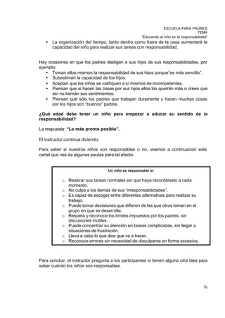 ESCUELA PARA PADRES
                                                                                       TEMA
                                                      “Educando al niño en la responsabilidad”
   •   La organización del tiempo, tanto dentro como fuera de la casa aumentará la
       capacidad del niño para realizar sus tareas con responsabilidad.


Hay ocasiones en que los padres desligan a sus hijos de sus responsabilidades, por
ejemplo:
   • Toman ellos mismos la responsabilidad de sus hijos porque”es más sencillo”.
   • Subestiman la capacidad de los hijos.
   • Aceptan que los niños se califiquen a sí mismos de incompetentes.
   • Piensan que si hacen las cosas por sus hijos ellos los querrán más o creen que
      así no herirán sus sentimientos.
   • Piensan qué sólo los padres que trabajan duramente y hacen muchas cosas
      por los hijos son “buenos” padres.

¿Qué edad debe tener un niño para empezar a educar su sentido de la
responsabilidad?

La respuesta: “Lo más pronto posible”.

El instructor continúa diciendo:

Para saber si nuestros niños son responsables o no, veamos a continuación este
cartel que nos da algunas pautas para tal efecto.


                                    Un niño es responsable si:

            o Realizar sus tareas normales sin que haya recordárselo a cada
              momento.
            o No culpa a los demás de sus “irresponsabilidades”.
            o Es capaz de escoger entre diferentes alternativas para realizar su
              trabajo.
            o Puede tomar decisiones que difieren de las que otros toman en el
              grupo en que se desarrolla.
            o Respeta y reconoce los límites impuestos por los padres, sin
              discusiones inútiles.
            o Puede concentrar su atención en tareas complicadas, sin llegar a
              situaciones de frustración.
            o Lleva a cabo lo que dice que va a hacer.
            o Reconoce errores sin necesidad de disculparse en forma excesiva.



Para concluir, el instructor pregunta a los participantes si tienen alguna otra idea para
saber cuándo los niños son responsables.



                                                                                           76
 