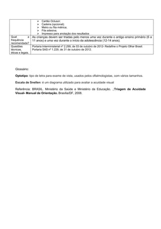 




Qual
a
frequência
recomendada?
Questões
técnicas,
éticas e legais.

Cartão Oclusor;
Cadeira (opcional);
Metro ou fita métrica;
Fita adesiva;
Impresso para anotação dos resultados

As crianças devem ser triadas pelo menos uma vez durante o antigo ensino primário (6 a
11 anos) e uma vez durante o início da adolescência (12-14 anos).
Portaria Interministerial nº 2.299, de 03 de outubro de 2012- Redefine o Projeto Olhar Brasil.
Portaria SAS nº 1.229, de 31 de outubro de 2012.

Glossário:
Optotipo: tipo de letra para exame de vista, usados pelos oftalmologistas, com vários tamanhos.
Escala de Snellen: é um diagrama utilizado para avaliar a acuidade visual
Referência: BRASIL. Ministério da Saúde e Ministério da Educação. ,;Triagem de Acuidade
Visual- Manual de Orientação. Brasília/DF, 2008.

 
