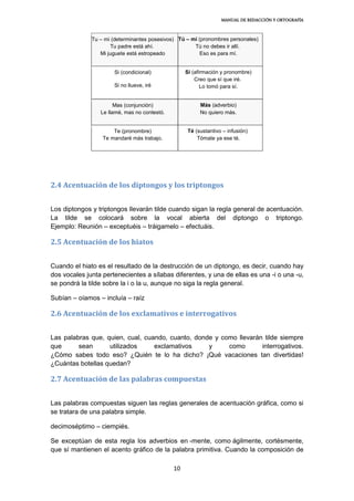 MANUAL DE REDACCIÓN Y ORTOGRAFÍA
10
Tu – mi (determinantes posesivos)
Tu padre está ahí.
Mi juguete está estropeado
Tú – mí (pronombres personales)
Tú no debes ir allí.
Eso es para mí.
Si (condicional)
Si no llueve, iré
Sí (afirmación y pronombre)
Creo que sí que iré.
Lo tomó para sí.
Mas (conjunción)
Le llamé, mas no contestó.
Más (adverbio)
No quiero más.
Te (pronombre)
Te mandaré más trabajo.
Té (sustantivo – infusión)
Tómate ya ese té.
2.4 Acentuación de los diptongos y los triptongos
Los diptongos y triptongos llevarán tilde cuando sigan la regla general de acentuación.
La tilde se colocará sobre la vocal abierta del diptongo o triptongo.
Ejemplo: Reunión – exceptuéis – tráigamelo – efectuáis.
2.5 Acentuación de los hiatos
Cuando el hiato es el resultado de la destrucción de un diptongo, es decir, cuando hay
dos vocales junta pertenecientes a sílabas diferentes, y una de ellas es una -i o una -u,
se pondrá la tilde sobre la i o la u, aunque no siga la regla general.
Subían – oíamos – incluía – raíz
2.6 Acentuación de los exclamativos e interrogativos
Las palabras que, quien, cual, cuando, cuanto, donde y como llevarán tilde siempre
que sean utilizados exclamativos y como interrogativos.
¿Cómo sabes todo eso? ¿Quién te lo ha dicho? ¡Qué vacaciones tan divertidas!
¿Cuántas botellas quedan?
2.7 Acentuación de las palabras compuestas
Las palabras compuestas siguen las reglas generales de acentuación gráfica, como si
se tratara de una palabra simple.
decimoséptimo – ciempiés.
Se exceptúan de esta regla los adverbios en -mente, como ágilmente, cortésmente,
que sí mantienen el acento gráfico de la palabra primitiva. Cuando la composición de
 