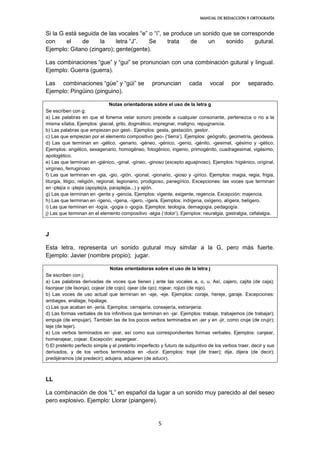 MANUAL DE REDACCIÓN Y ORTOGRAFÍA
5
Si la G está seguida de las vocales “e” o “i”, se produce un sonido que se corresponde
con el de la letra “J”. Se trata de un sonido gutural.
Ejemplo: Gitano (zingaro); gente(gente).
Las combinaciones “gue” y “gui” se pronuncian con una combinación gutural y lingual.
Ejemplo: Guerra (guerra).
Las combinaciones “güe” y “güi” se pronuncian cada vocal por separado.
Ejemplo: Pingüino (pinguino).
Notas orientadoras sobre el uso de la letra g
Se escriben con g:
a) Las palabras en que el fonema velar sonoro precede a cualquier consonante, pertenezca o no a la
misma sílaba. Ejemplos: glacial, grito, dogmático, impregnar, maligno, repugnancia.
b) Las palabras que empiezan por gest-. Ejemplos: gesta, gestación, gestor.
c) Las que empiezan por el elemento compositivo geo- (‘tierra’). Ejemplos: geógrafo, geometría, geodesia.
d) Las que terminan en -gélico, -genario, -géneo, -génico, -genio, -génito, -gesimal, -gésimo y -gético.
Ejemplos: angélico, sexagenario, homogéneo, fotogénico, ingenio, primogénito, cuadragesimal, vigésimo,
apologético.
e) Las que terminan en -giénico, -ginal, -gíneo, -ginoso (excepto aguajinoso). Ejemplos: higiénico, original,
virgíneo, ferruginoso
f) Las que terminan en -gia, -gio, -gión, -gional, -gionario, -gioso y -gírico. Ejemplos: magia, regia, frigia,
liturgia, litigio, religión, regional, legionario, prodigioso, panegírico. Excepciones: las voces que terminan
en -plejía o -plejia (apoplejía, paraplejia...) y ejión.
g) Las que terminan en -gente y -gencia. Ejemplos: vigente, exigente, regencia. Excepción: majencia.
h) Las que terminan en -ígeno, -ígena, -ígero, -ígera. Ejemplos: indígena, oxígeno, alígera, belígero.
i) Las que terminan en -logía, -gogia o -gogía. Ejemplos: teología, demagogia, pedagogía.
j) Las que terminan en el elemento compositivo -algia (‘dolor’). Ejemplos: neuralgia, gastralgia, cefalalgia.
J
Esta letra, representa un sonido gutural muy similar a la G, pero más fuerte.
Ejemplo: Javier (nombre propio); jugar.
Notas orientadoras sobre el uso de la letra j
Se escriben con j:
a) Las palabras derivadas de voces que tienen j ante las vocales a, o, u. Así, cajero, cajita (de caja);
lisonjear (de lisonja); cojear (de cojo); ojear (de ojo); rojear, rojizo (de rojo).
b) Las voces de uso actual que terminan en -aje, -eje. Ejemplos: coraje, hereje, garaje. Excepciones:
ambages, enálage, hipálage.
c) Las que acaban en -jería. Ejemplos: cerrajería, consejería, extranjería.
d) Las formas verbales de los infinitivos que terminan en -jar. Ejemplos: trabaje, trabajemos (de trabajar);
empuje (de empujar). También las de los pocos verbos terminados en -jer y en -jir, como cruje (de crujir);
teje (de tejer).
e) Los verbos terminados en -jear, así como sus correspondientes formas verbales. Ejemplos: canjear,
homenajear, cojear. Excepción: aspergear.
f) El pretérito perfecto simple y el pretérito imperfecto y futuro de subjuntivo de los verbos traer, decir y sus
derivados, y de los verbos terminados en -ducir. Ejemplos: traje (de traer); dije, dijera (de decir);
predijéramos (de predecir); adujera, adujeren (de aducir).
LL
La combinación de dos “L” en español da lugar a un sonido muy parecido al del seseo
pero explosivo. Ejemplo: Llorar (piangere).
 