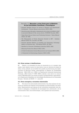 MANUAL DE OSLO, 3ª EDICIÓN




              Recuadro 1.2. Manuales y otras Guías para la Medición
                  de las Actividades Científicas y Tecnológicas
             – Proposed Standard Practice for Surveys of Research and Experimental
               Development - Frascati Manual, sexta edición (OECD, 2002).
             – Directrices para la Recogida e Interpretación de los datos tecnológicos sobre
               la innovación Manual de Oslo, tercera edición, (OCDE/EU/ Eurostat, 2005).
             – Using Patent Data as Science and Technology Indicators - Patent Manual,
               (OECD, GD 1994).
             – The Measurement of Human Resources Devoted to S&T - Canberra
               Manual (OECD/ EU / Eurostat, GD 1995).
             – Proposed Standard Method of Compiling and Interpreting Technology
               Balance of Payments Data - TBP Manual (OECD, GD 1992).
             – Handbook on Economic Globalisation Indicators (OECD, 2005).
             – Measuring Productivity Manual (OECD, 2001).
             – A Guide for Information Society Measurements and Analysis (OECD, 2005).
             – A Framework for Biotechnology Statistics (OECD, 2005).




       6.2. Otras normas y clasificaciones
       64.     Debido a la necesidad de situar la innovación en un contexto más
       amplio, tanto desde el punto de vista teórico como en términos de bases de
       datos, se han utilizado, en la medida de lo posible, las directrices y las clasifi-
       caciones de Naciones Unidas, especialmente el Sistema de Contabilidad
       Nacional - SNA (CCE et al. 1994) y la Clasificación Industrial Internacional
       Unificada - CIIU revisión 3.1 (ONU, 2002) y además, como este es un manual
       común OECD/Eurostat, las normas europeas correspondientes, especialmen-
       te la Clasificación Estadística de Actividades Económicas de la Comunidad
       Europea - Revisión de NACE. 1.1 - series 2E.

       6.3. Otros conceptos y encuestas relacionados
       65.    Tal como se ha mencionado anteriormente, hay otras maneras de exa-
       minar los cambios que mejoran en las empresas su productividad y sus resul-
       tados. Examinaremos aquí algunas de las inversiones inmateriales más rele-
       vantes: la adopción y el desarrollo de tecnologías de la información y de la
       comunicación (TIC), de la biotecnología, y de la gestión del conocimiento.



ISBN 84-611-2781-1 – © TRAGSA 2006                                                             31
 