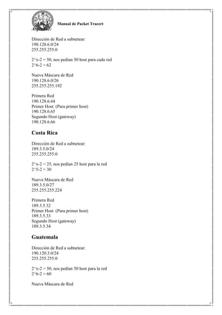 Manual de Packet Tracert
Argenita2:
Dirección de Red a subnetear:
190.128.6.0/24
255.255.255.0
2^x-2 = 50, nos pedían 50 host para cada red
2^6-2 = 62
Nueva Máscara de Red
190.128.6.0/26
255.255.255.192
Primera Red
190.128.6.64
Primer Host (Para primer host)
190.128.6.65
Segundo Host (gateway)
190.128.6.66
Costa Rica
Dirección de Red a subnetear:
189.3.5.0/24
255.255.255.0
2^x-2 = 25, nos pedían 25 host para la red
2^5-2 = 30
Nueva Máscara de Red
189.3.5.0/27
255.255.255.224
Primera Red
189.3.5.32
Primer Host (Para primer host)
189.3.5.33
Segundo Host (gateway)
189.3.5.34
Guatemala
Dirección de Red a subnetear:
190.120.3.0/24
255.255.255.0
2^x-2 = 50, nos pedían 50 host para la red
2^6-2 = 60
Nueva Máscara de Red
 