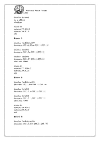 Manual de Packet Tracert
clock rate 56000
interface Serial0/1
no ip address
shutdown
router rip
network 172.16.0.0
network 200.3.2.0
end
Router 2:
interface FastEthernet0/0
ip address 172.168.32.66 255.255.255.192
interface Serial0/0
ip address 200.3.2.6 255.255.255.252
interface Serial0/1
ip address 200.3.2.9 255.255.255.252
clock rate 56000
router rip
network 172.168.0.0
network 200.3.2.0
end
Router 3:
interface FastEthernet0/0
ip address 190.32.4.66 255.255.255.192
interface Serial0/0
ip address 200.3.2.10 255.255.255.252
interface Serial0/1
ip address 200.3.2.13 255.255.255.252
clock rate 56000
router rip
network 190.32.0.0
network 200.3.2.0
end
Router 4:
interface FastEthernet0/0
ip address 190.128.6.66 255.255.255.192
 