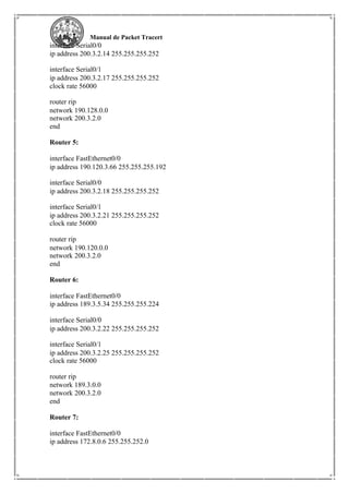 Manual de Packet Tracert
interface Serial0/0
ip address 200.3.2.14 255.255.255.252
interface Serial0/1
ip address 200.3.2.17 255.255.255.252
clock rate 56000
router rip
network 190.128.0.0
network 200.3.2.0
end
Router 5:
interface FastEthernet0/0
ip address 190.120.3.66 255.255.255.192
interface Serial0/0
ip address 200.3.2.18 255.255.255.252
interface Serial0/1
ip address 200.3.2.21 255.255.255.252
clock rate 56000
router rip
network 190.120.0.0
network 200.3.2.0
end
Router 6:
interface FastEthernet0/0
ip address 189.3.5.34 255.255.255.224
interface Serial0/0
ip address 200.3.2.22 255.255.255.252
interface Serial0/1
ip address 200.3.2.25 255.255.255.252
clock rate 56000
router rip
network 189.3.0.0
network 200.3.2.0
end
Router 7:
interface FastEthernet0/0
ip address 172.8.0.6 255.255.252.0
 