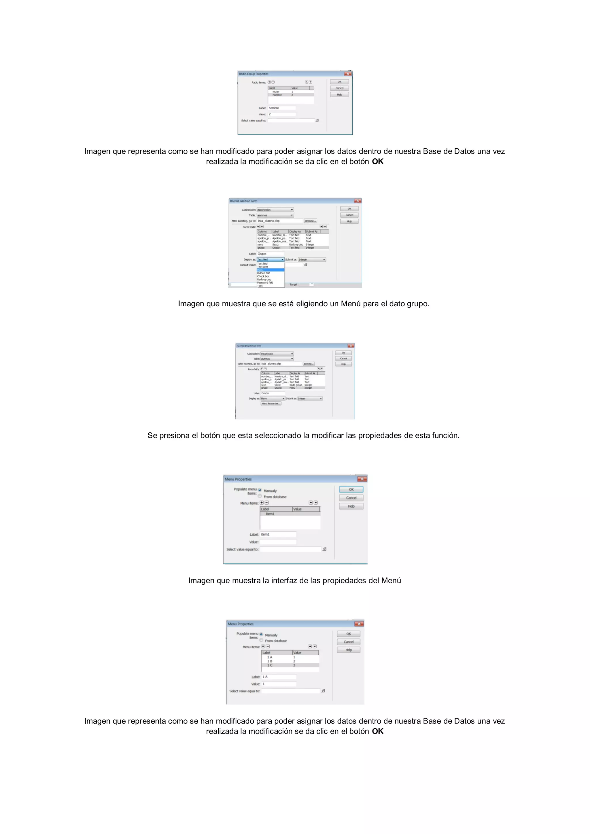Imagen que representa como se han modificado para poder asignar los datos dentro de nuestra Base de Datos una vez
realizada la modificación se da clic en el botón OK

Imagen que muestra que se está eligiendo un Menú para el dato grupo.

Se presiona el botón que esta seleccionado la modificar las propiedades de esta función.

Imagen que muestra la interfaz de las propiedades del Menú

Imagen que representa como se han modificado para poder asignar los datos dentro de nuestra Base de Datos una vez
realizada la modificación se da clic en el botón OK

 