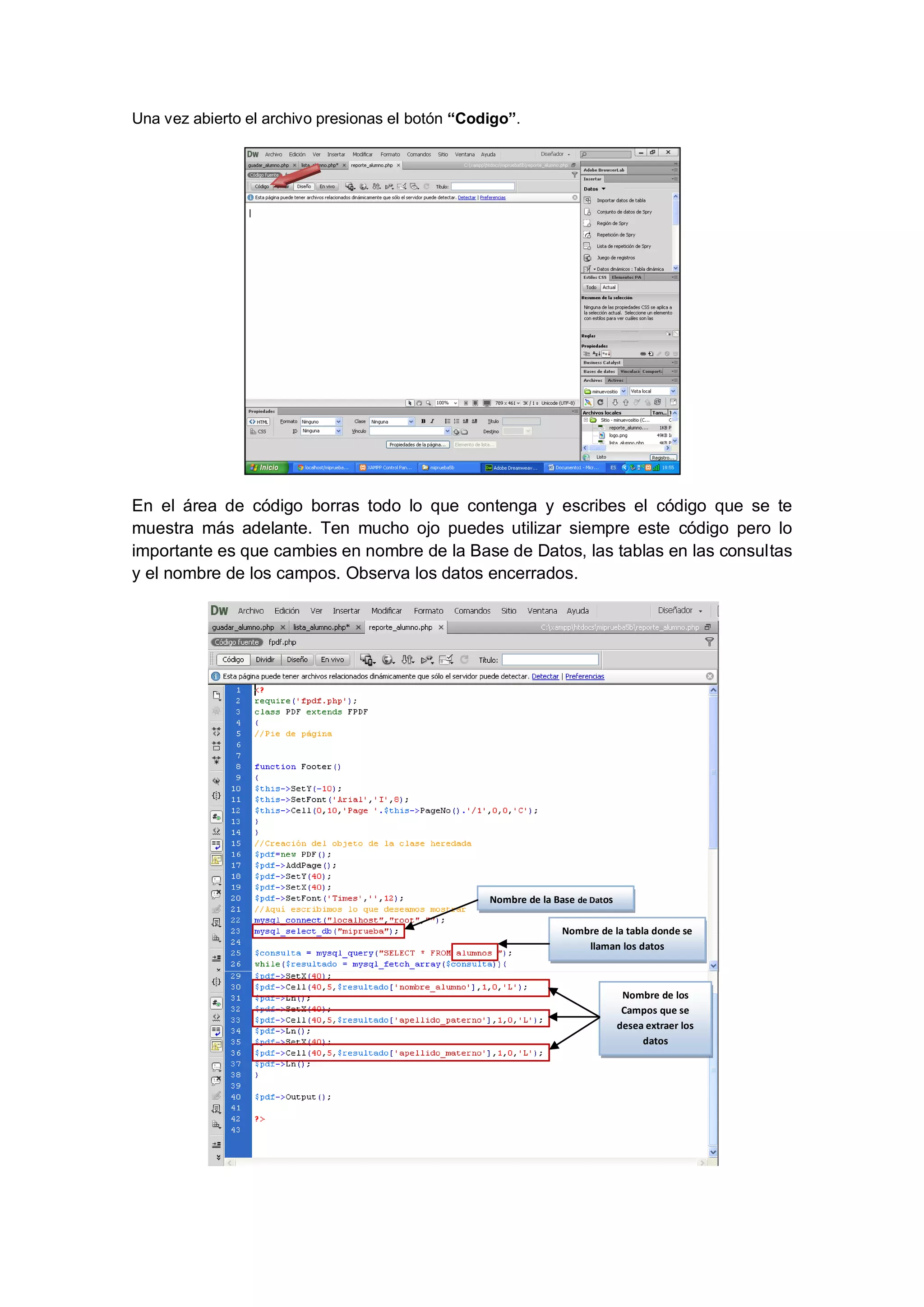 Una vez abierto el archivo presionas el botón “Codigo”.

En el área de código borras todo lo que contenga y escribes el código que se te
muestra más adelante. Ten mucho ojo puedes utilizar siempre este código pero lo
importante es que cambies en nombre de la Base de Datos, las tablas en las consultas
y el nombre de los campos. Observa los datos encerrados.

Nombre de la Base de Datos
Nombre de la tabla donde se
llaman los datos

Nombre de los
Campos que se
desea extraer los
datos

 