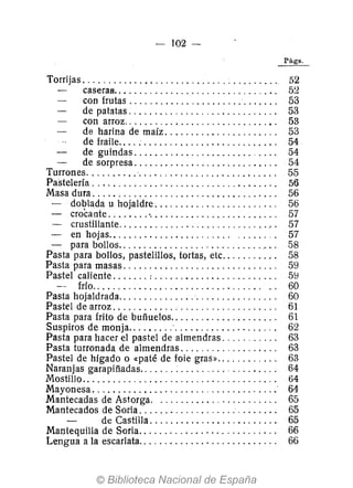 - 102-
Torrijas. . . . . . . . . . . . . . . . . . . . . . . . . . . . . . . . . . . . .. 52
caseras.............................. '. 5~Z
con frutas. . . . . . . . . . . . . . . . . . . . . . . . . . . .. 53
de patatas. . . . . ... . . . . . . . . . . . . . . . . . . . . . . 53
con arroz.. . . . . . . . . . . . . . . . . . . . . . . . . . . •. 53
de harina de maíz. . . . . . . . . . . . . . . . . . . . .. 53
de fraile. . . . . . . . . . . . . . . . . . . . . . . . . . . . . .. 54
de guindas ....................... ' . . . . 54
de sorpresa. . . . . . . . . . . . . . . . . . . . . . . . . . .. 54
Turrones.......... '.......................... , 55
Pastelería .................................. " 56
Masa dura. . . . . . . . . . . . . . . . . . . . . . . . . . . . . . . . . . .. 56
doblada u hojaldre. . . . . . . . . . . . . . . . . . . . . . .. 56
crocaote ........ '. . . . . . . . . . . . . . . . . . . . . . . .. 57
crustillante. . . . . . . . . . . . . . . . . . . . . . . . . . . . .... 57
en hojas............. , ......... ' ...... '. 57
para bollos............................. , . . 58
Pasta para bollos, pastelillos, tortas, etc. . . . . . . . . .. 58
Pasta para masas. . . . . . . . . . . . . . . . . . . . . . . . . . . . .. 59
Pastel caliente ....... ; . . . . . . . . . . . . . . . . . . . . . . .. 5j
frío.................................. , 60
Pasta hojaldrada.. . . . . . . . . . . . . . . . . . . . . . . . . . . . .. 60
Pastel de arroz .... , ... , ..... " ... " . , . . . . . . . .. 61
Pasta para frito de bufiuelos.................... ' 61
Suspiros de monja.. . . . . . . .. . . . . . . . . . . . . . . . . . .. 62
Pasta para hacer el pastel de almendras. . . . . . . . . .. 63
Pasta turronada de almendras ................. " 63
Pastel de hígado o "paté de foie gras».. . . . . . . . . .. 63
Naranjas garapifiadas.................. ' . . . . . . . .. 64
Mostillo...................................... 64
Mayonesa ...................... ' .............' 64
Mantecadas de Astorga. . .......... ,........... 65
Mantecados de Soria ....................... , . .. 65
de Castilla. . . . . . . . . . . . . . . . . . . . . . . .. 65
Mantequilla de Soria.. . . . . . . . . . . . . . . . . . . . . . . . .. 66
Lengua a la escarlata. . . . . . . . . . . . . . . . . . . . . . . . . .. 66
 