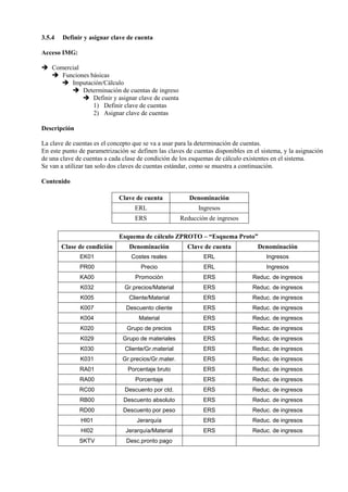 3.5.4 Definir y asignar clave de cuenta
Acceso IMG:
➔ Comercial
➔ Funciones básicas
➔ Imputación/Cálculo
➔ Determinación de cuentas de ingreso
➔ Definir y asignar clave de cuenta
1) Definir clave de cuentas
2) Asignar clave de cuentas
Descripción
La clave de cuentas es el concepto que se va a usar para la determinación de cuentas.
En este punto de parametrización se definen las claves de cuentas disponibles en el sistema, y la asignación
de una clave de cuentas a cada clase de condición de los esquemas de cálculo existentes en el sistema.
Se van a utilizar tan solo dos claves de cuentas estándar, como se muestra a continuación.
Contenido
Clave de cuenta Denominación
ERL Ingresos
ERS Reducción de ingresos
Esquema de cálculo ZPROTO – “Esquema Proto”
Clase de condición Denominación Clave de cuenta Denominación
EK01 Costes reales ERL Ingresos
PR00 Precio ERL Ingresos
KA00 Promoción ERS Reduc. de ingresos
K032 Gr.precios/Material ERS Reduc. de ingresos
K005 Cliente/Material ERS Reduc. de ingresos
K007 Descuento cliente ERS Reduc. de ingresos
K004 Material ERS Reduc. de ingresos
K020 Grupo de precios ERS Reduc. de ingresos
K029 Grupo de materiales ERS Reduc. de ingresos
K030 Cliente/Gr.material ERS Reduc. de ingresos
K031 Gr.precios/Gr.mater. ERS Reduc. de ingresos
RA01 Porcentaje bruto ERS Reduc. de ingresos
RA00 Porcentaje ERS Reduc. de ingresos
RC00 Descuento por ctd. ERS Reduc. de ingresos
RB00 Descuento absoluto ERS Reduc. de ingresos
RD00 Descuento por peso ERS Reduc. de ingresos
HI01 Jerarquía ERS Reduc. de ingresos
HI02 Jerarquía/Material ERS Reduc. de ingresos
SKTV Desc.pronto pago
 