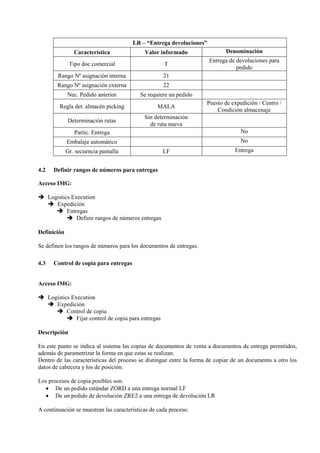 LR – “Entrega devoluciones”
Característica Valor informado Denominación
Tipo doc comercial T
Entrega de devoluciones para
pedido
Rango Nº asignación interna 21
Rango Nº asignación externa 22
Nec. Pedido anterior Se requiere un pedido
Regla det. almacén picking MALA
Puesto de expedición / Centro /
Condición almacenaje
Determinación rutas
Sin determinación
de ruta nueva
Partic. Entrega No
Embalaje automático No
Gr. secuencia pantalla LF Entrega
4.2 Definir rangos de números para entregas
Acceso IMG:
➔ Logistics Execution
➔ Expedición
➔ Entregas
➔ Definir rangos de números entregas
Definición
Se definen los rangos de números para los documentos de entregas.
4.3 Control de copia para entregas
Acceso IMG:
➔ Logistics Execution
➔ Expedición
➔ Control de copia
➔ Fijar control de copia para entregas
Descripción
En este punto se indica al sistema las copias de documentos de venta a documentos de entrega permitidos,
además de parametrizar la forma en que estas se realizan.
Dentro de las características del proceso se distingue entre la forma de copiar de un documento a otro los
datos de cabecera y los de posición.
Los procesos de copia posibles son:
• De un pedido estándar ZORD a una entrega normal LF
• De un pedido de devolución ZRE2 a una entrega de devolución LR
A continuación se muestran las características de cada proceso.
 